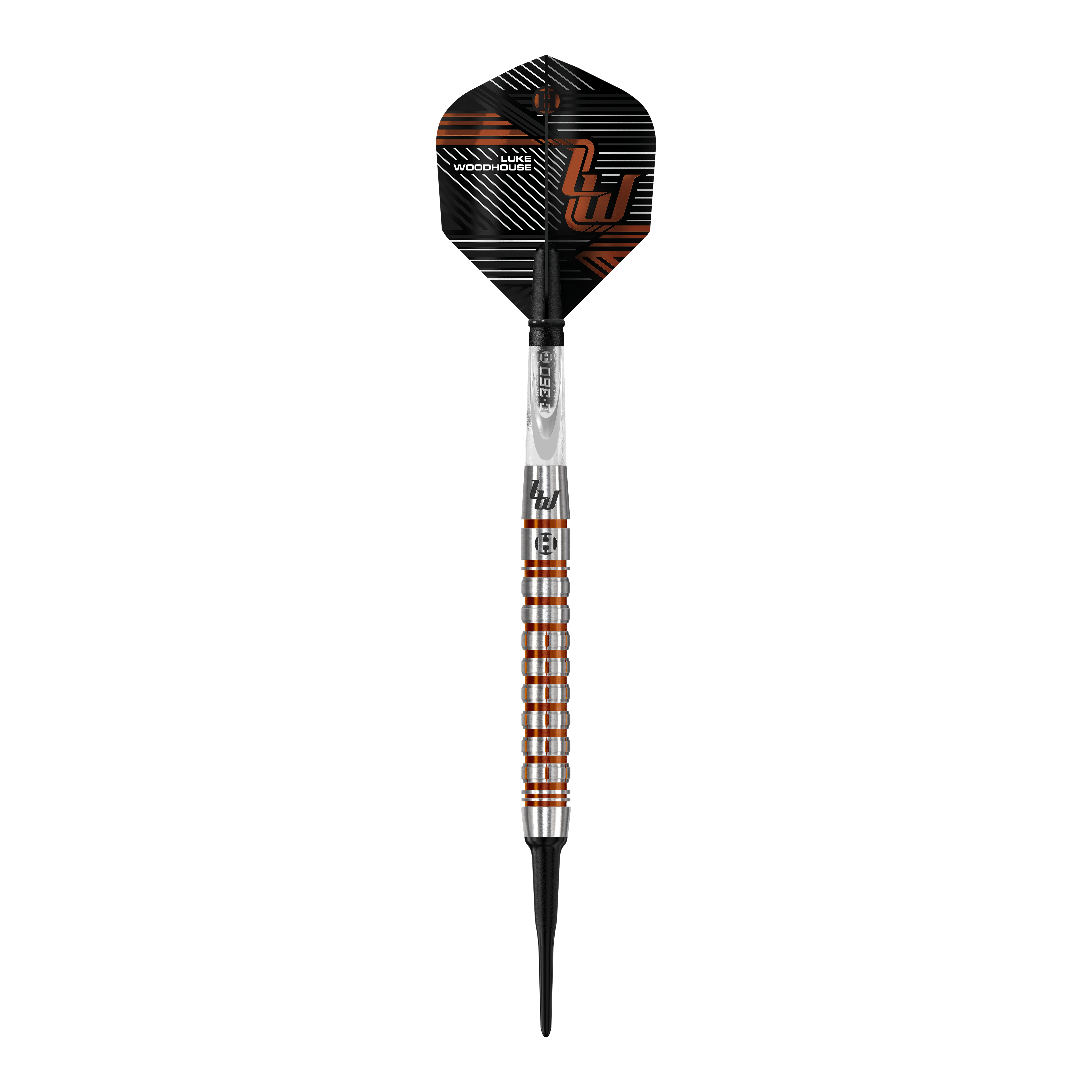 Harrows Luke Woodhouse Series 2 Softdarts - 18g Das Bild zeigt den Harrows Luke Woodhouse Series 2 Softdart mit einem Gewicht von 18g. Der Dartpfeil hat ein modernes, silber-orangenes Design mit schwarzen Akzenten.