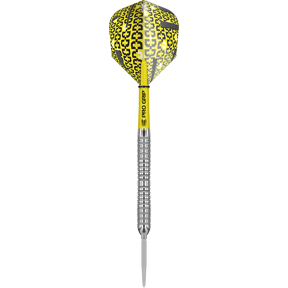 Das Bild zeigt einen Target Bolide 04 Swiss Point Steeldart. Der Dart hat einen gelb-schwarzen Flight und einen silbernen, geriffelten Schaft.