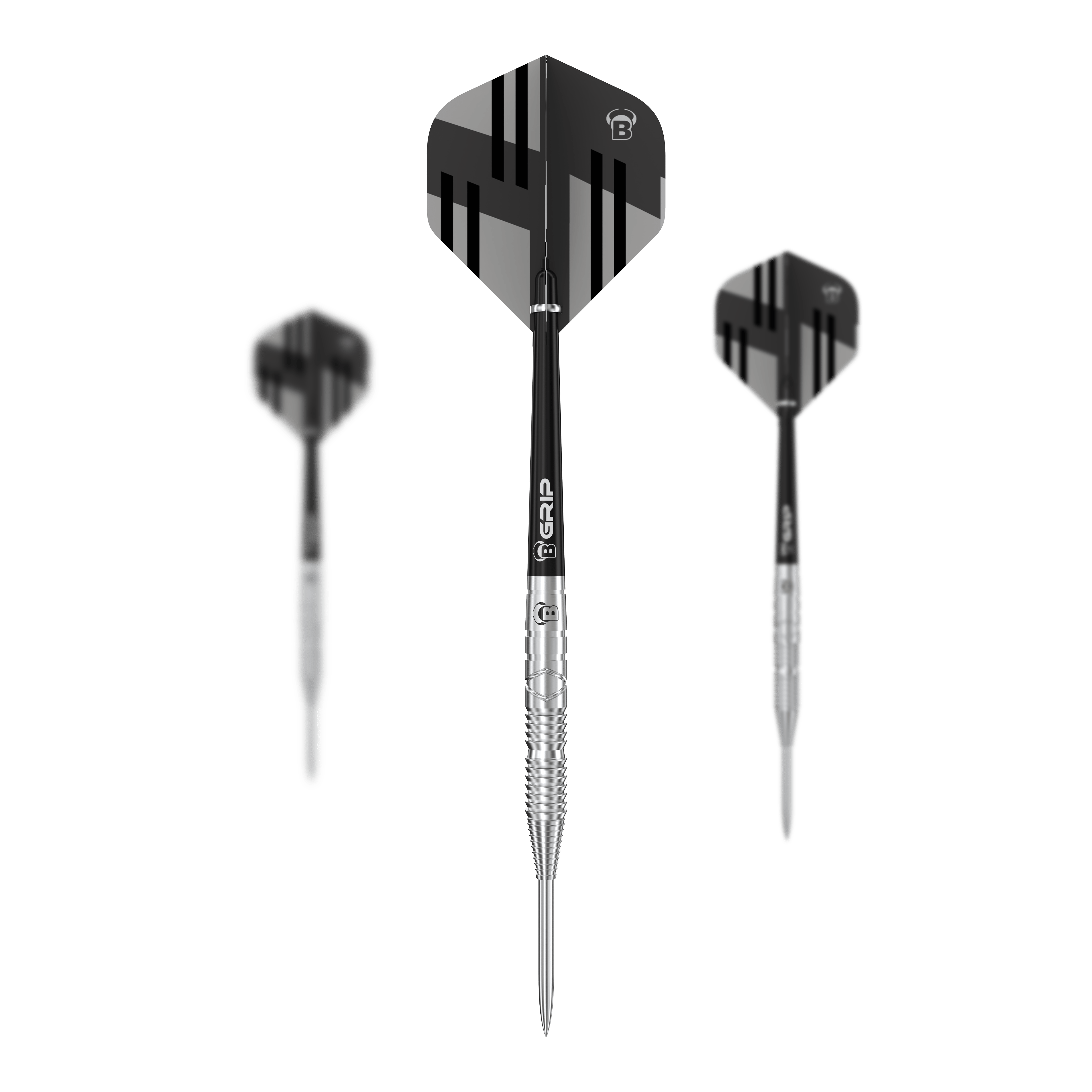 Bulls Tac T3 Steeldarts Das Bild zeigt drei Bulls Tac T3 Steeldarts mit silbernen Spitzen und schwarzen Flights. Die Flights haben ein modernes, geometrisches Design in Schwarz und Grau.