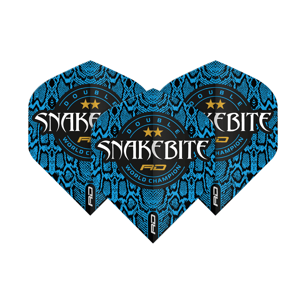 Das Bild zeigt drei Dartflights mit einem blauen Schlangenhaut-Muster. Auf den Flights steht "Snakebite Double World Champion" in auffälliger Schrift.