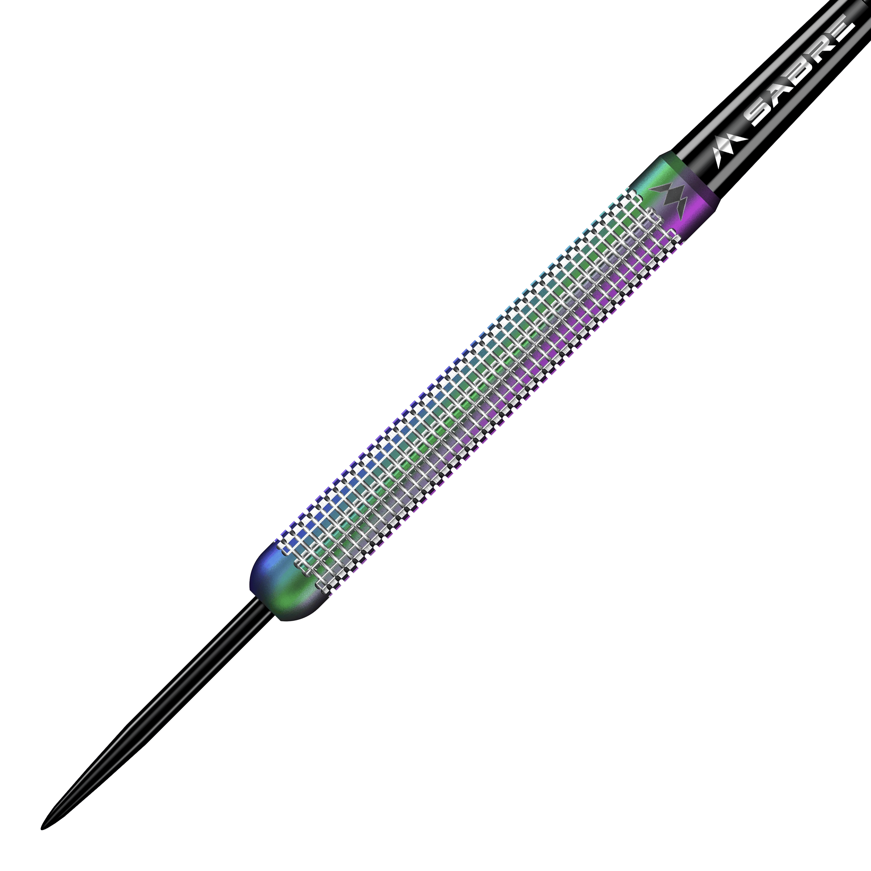 Das Bild zeigt einen Mission Aurora Coral PVD Steeldart mit einem Gewicht von 23g. Der Dart hat eine bunte, glänzende Oberfläche und ist mit feinen Rillen versehen.