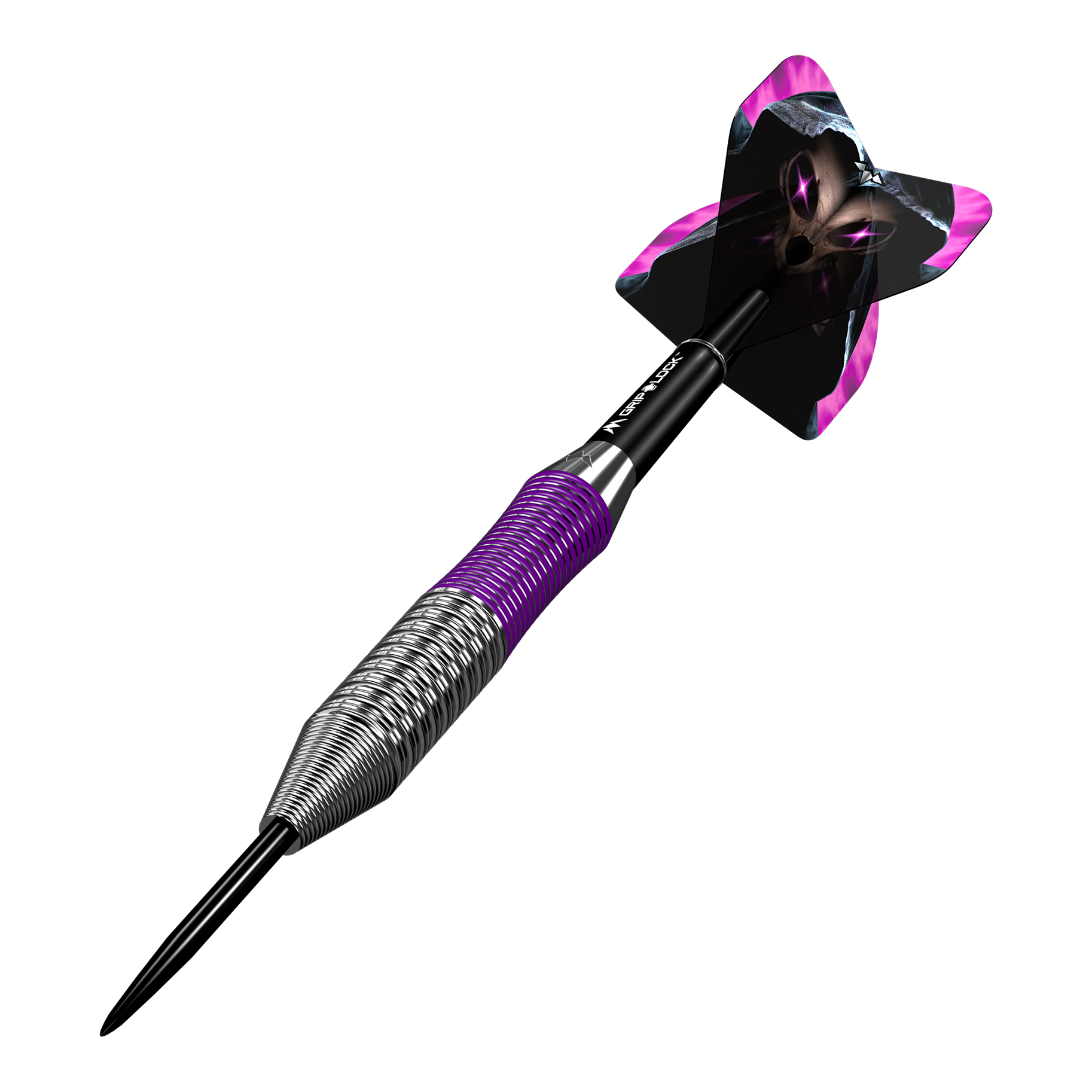 Mission Phantom Brass Steeldarts - 22g Dies ist ein Mission Phantom Brass Steeldart mit einem Gewicht von 22 Gramm. Der Dart hat ein metallisches Griffstück mit lila Akzenten und einen auffälligen Flight mit einem schwarzen und lila Design.