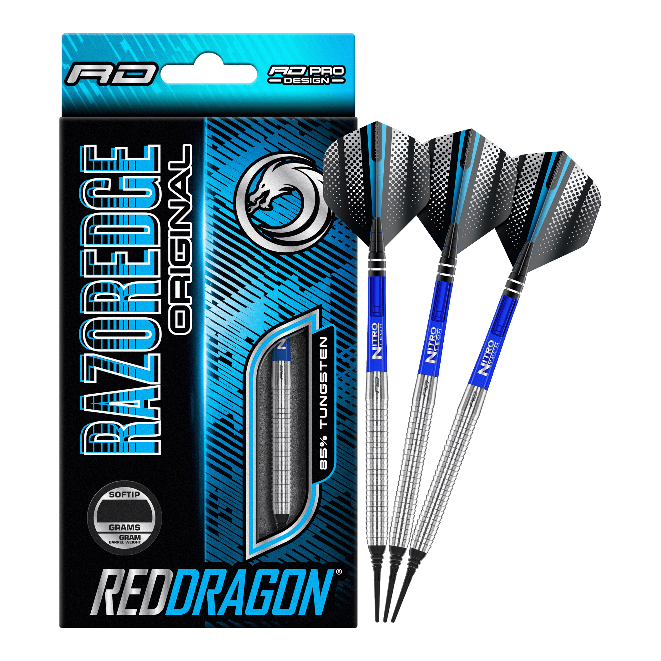 Das Bild zeigt eine Packung mit dem Produkt "Red Dragon Razor Edge Original Softdarts - 20g". Neben der Verpackung sind drei Softdarts mit silbernen Spitzen, blauen Schäften und schwarzen Flights abgebildet.