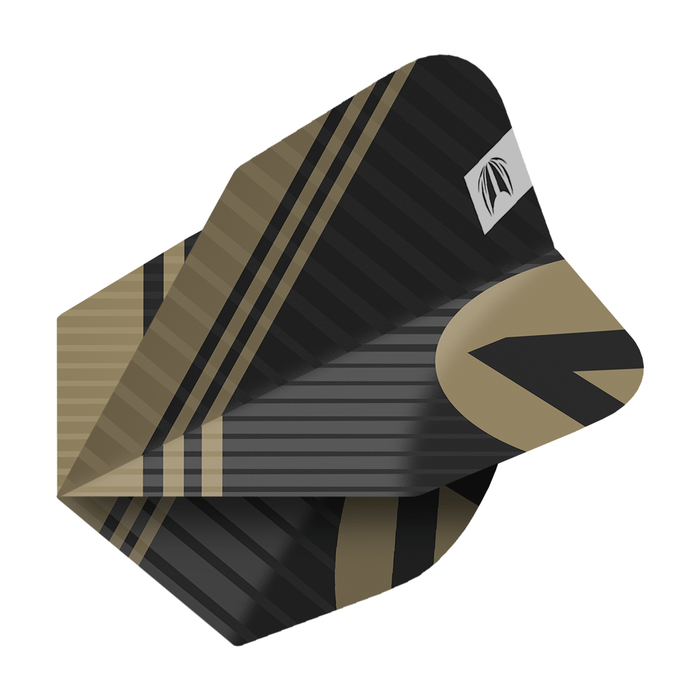 Das Bild zeigt ein Dartflight in Schwarz und Gold mit einem modernen Streifendesign. Es gehört zum Produkt "Target Pro Ultra Chicane Black No6 Flights - 3 Sets".