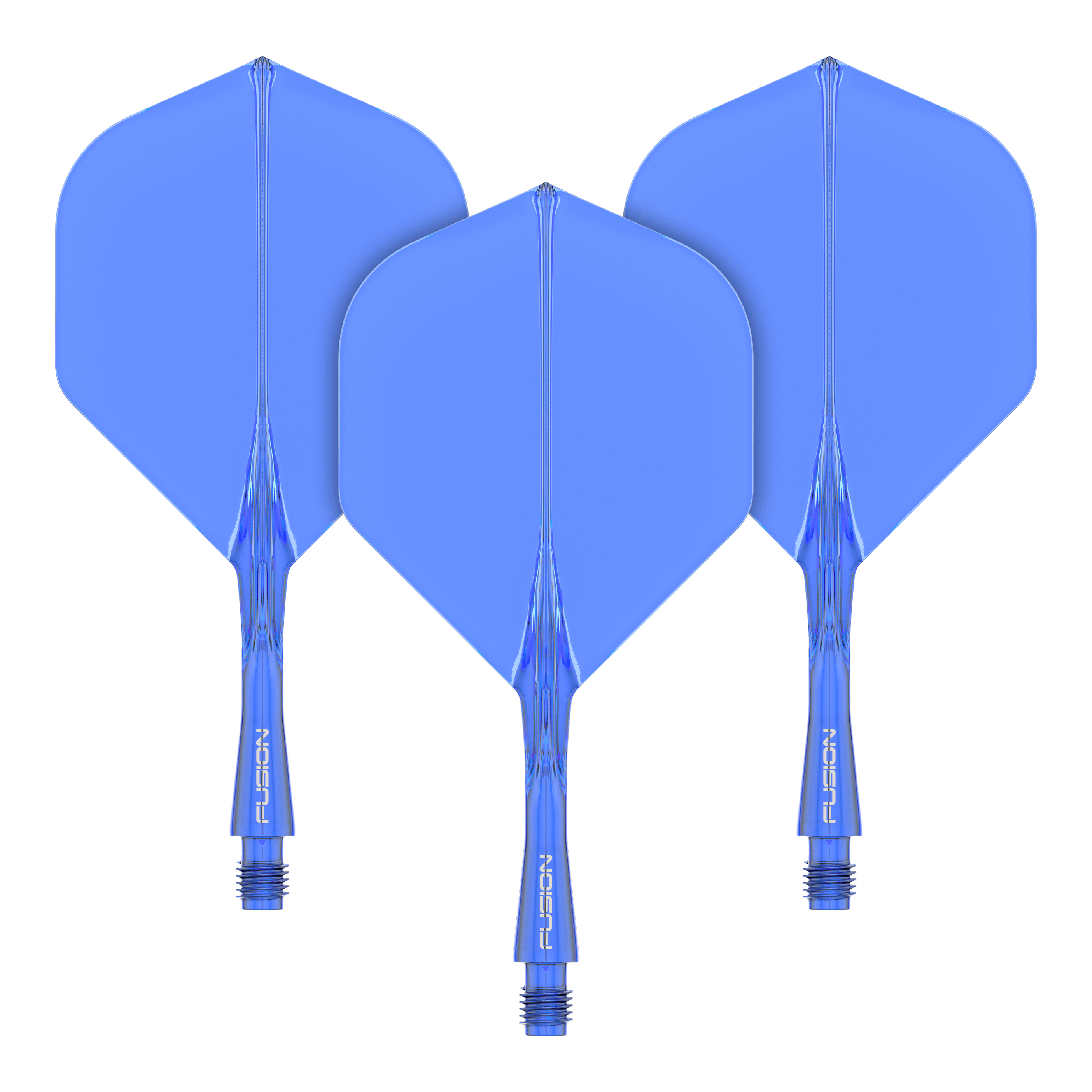 Winmau Fusion Flight Shaft System Standard Blau Das Bild zeigt drei blaue Dart-Flights mit Schäften des Winmau Fusion Flight Shaft Systems. Sie sind in einer Reihe angeordnet und jeder Schaft ist 22 mm lang.