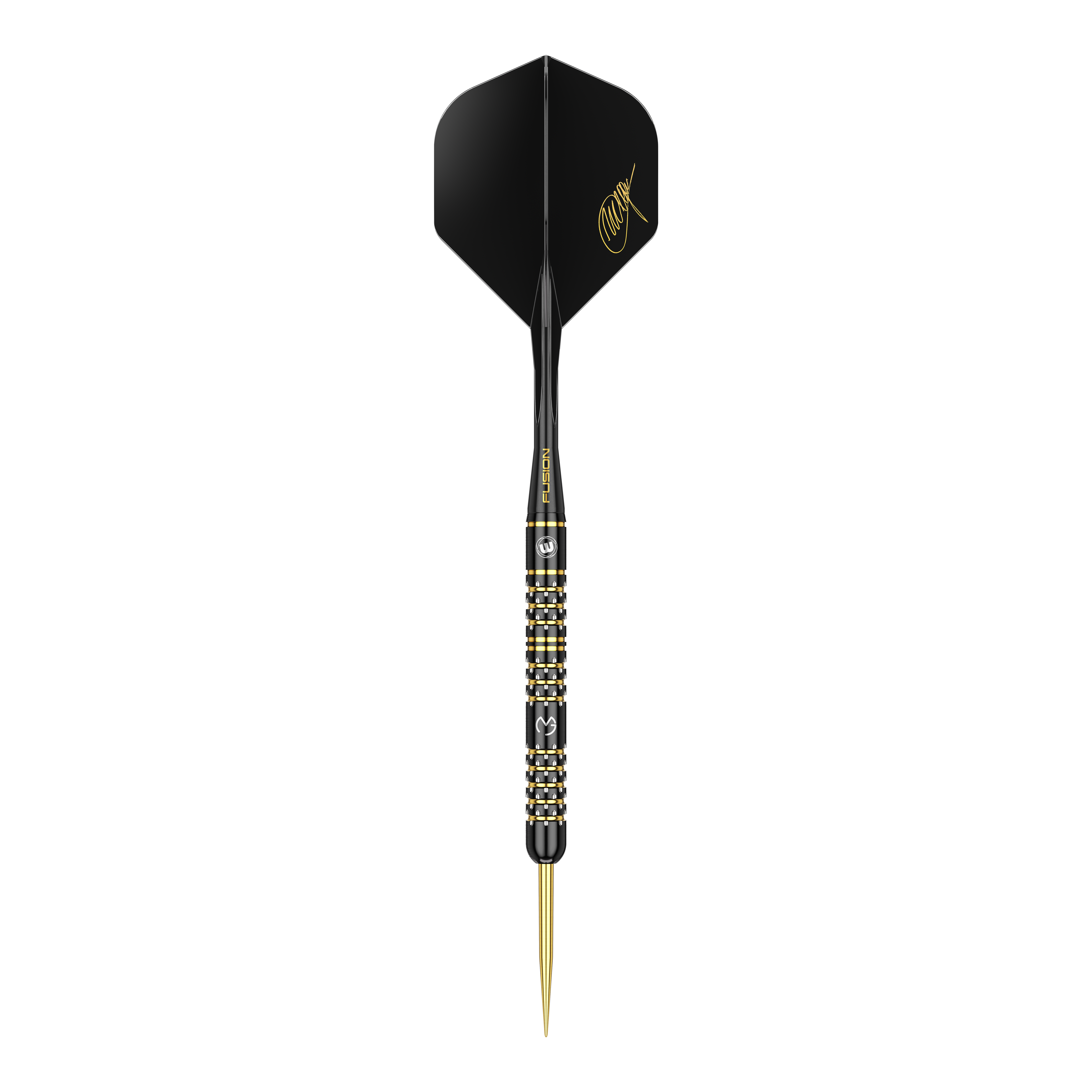 Dies ist ein Winmau Michael Van Gerwen 5-Year-Anniversary Limited Edition Steeldart mit einem Gewicht von 22,5g. Der Dartpfeil ist schwarz-gold gestaltet und trägt eine goldene Unterschrift auf dem Flight.