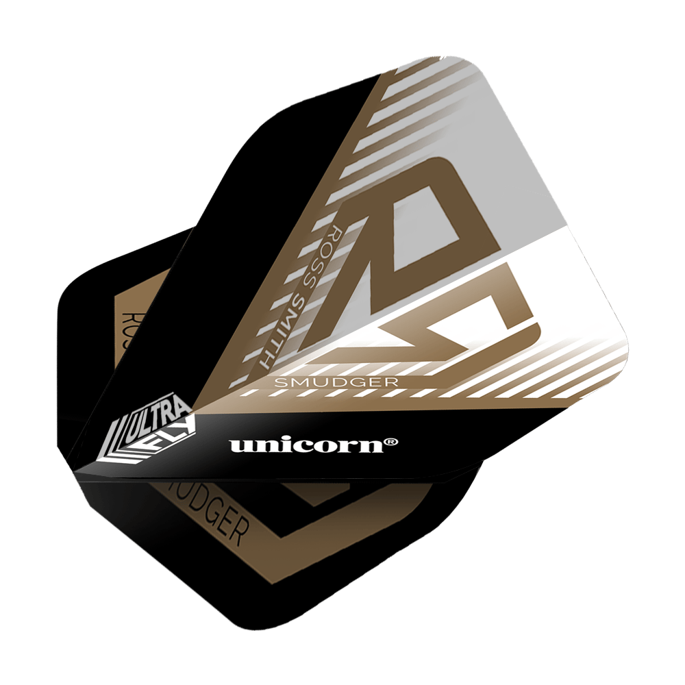 Das Bild zeigt die Dartflights "Unicorn Ultrafly 100 Ross Smith Smudger AR1". Die Flights sind schwarz, weiß und gold gestaltet und tragen den Namen des Spielers sowie das Unicorn-Logo.
