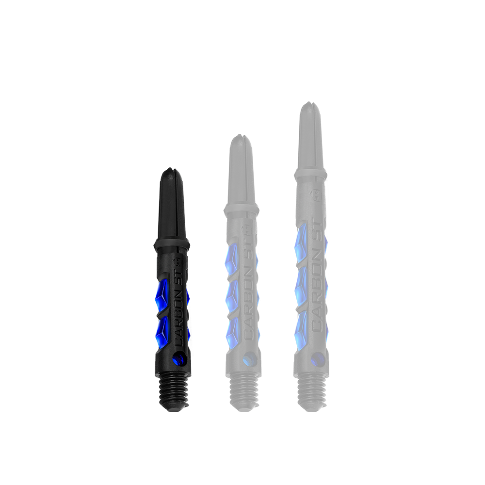 Das Bild zeigt drei Harrows Carbon ST Shafts in der Farbe Blau. Die Dartschäfte sind in verschiedenen Längen abgebildet und haben ein schwarzes Design mit blauen Akzenten.