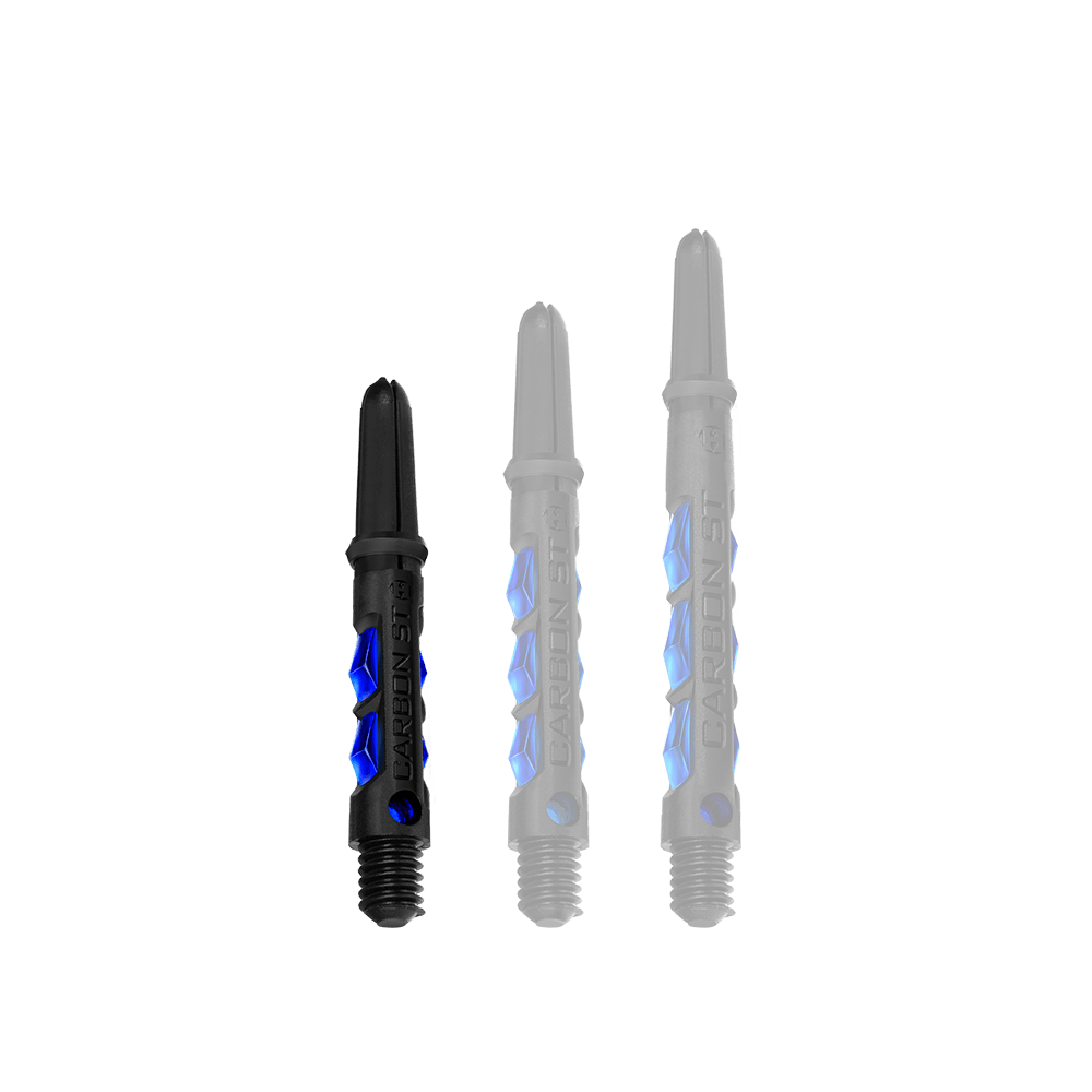 HR413_Harrows_Carbon_ST_Shafts_Blau_33mm_1 Das Bild zeigt drei Harrows Carbon ST Shafts in der Farbe Blau. Die Dartschäfte sind in verschiedenen Längen abgebildet und haben ein schwarzes Design mit blauen Akzenten.