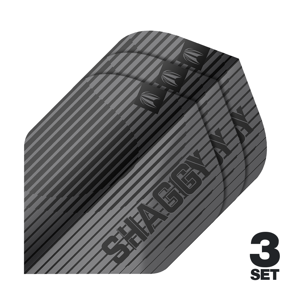 Das Bild zeigt drei schwarze Dart-Flights mit dem Schriftzug "SHAGGY". Unten rechts steht "3 SET", was auf drei Sätze hinweist.