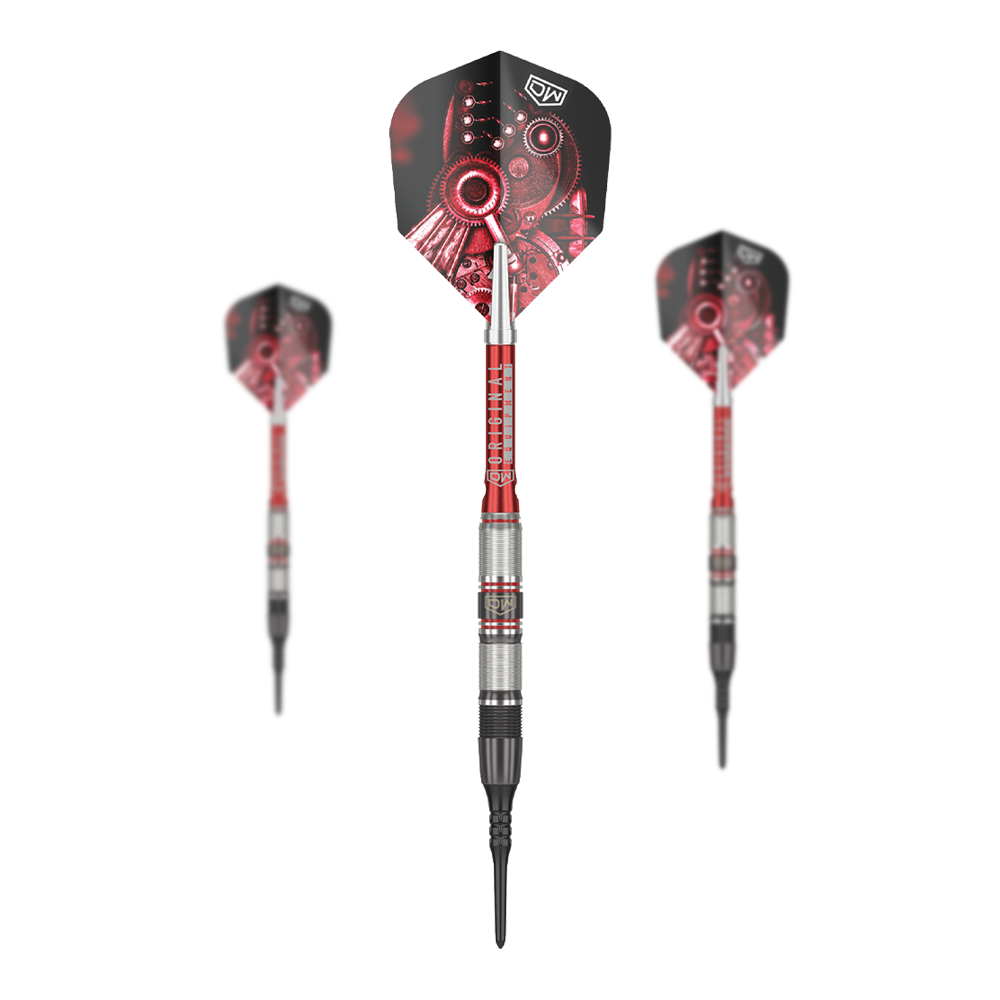 DW Piranha Razor 02 Softdarts Das Bild zeigt drei Softdarts des Produkts „DW Piranha Razor 02“. Die Darts haben ein schwarzes und rotes Design mit metallischen Elementen.