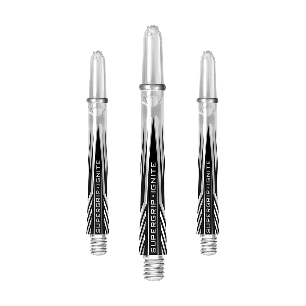 HR394_Harrows_Supergrip_Ignite_Shafts_Clear_47mm_1p9h98zRvzlN0K Das Bild zeigt drei klare Harrows Supergrip Ignite Shafts für Darts. Die Shafts haben ein modernes, transparentes Design mit schwarzer Beschriftung.