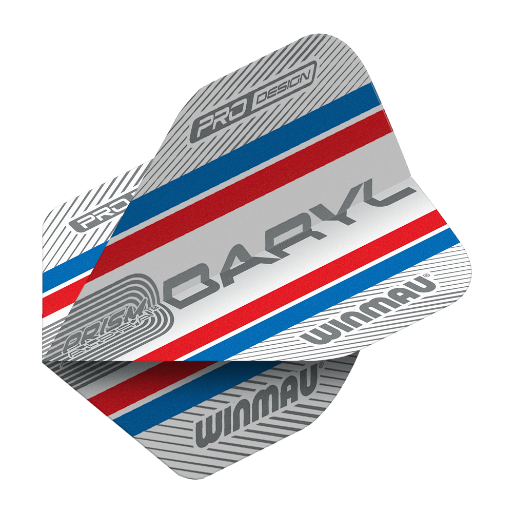 Winmau Alpha Daryl Gurney Gurney 85 Standard Flights Das Bild zeigt die Winmau Alpha Daryl Gurney 85 Standard Flights für Dartpfeile. Die Flights sind silberfarben mit blauen und roten Streifen sowie verschiedenen Aufschriften wie "DARYL" und "WINMAU".