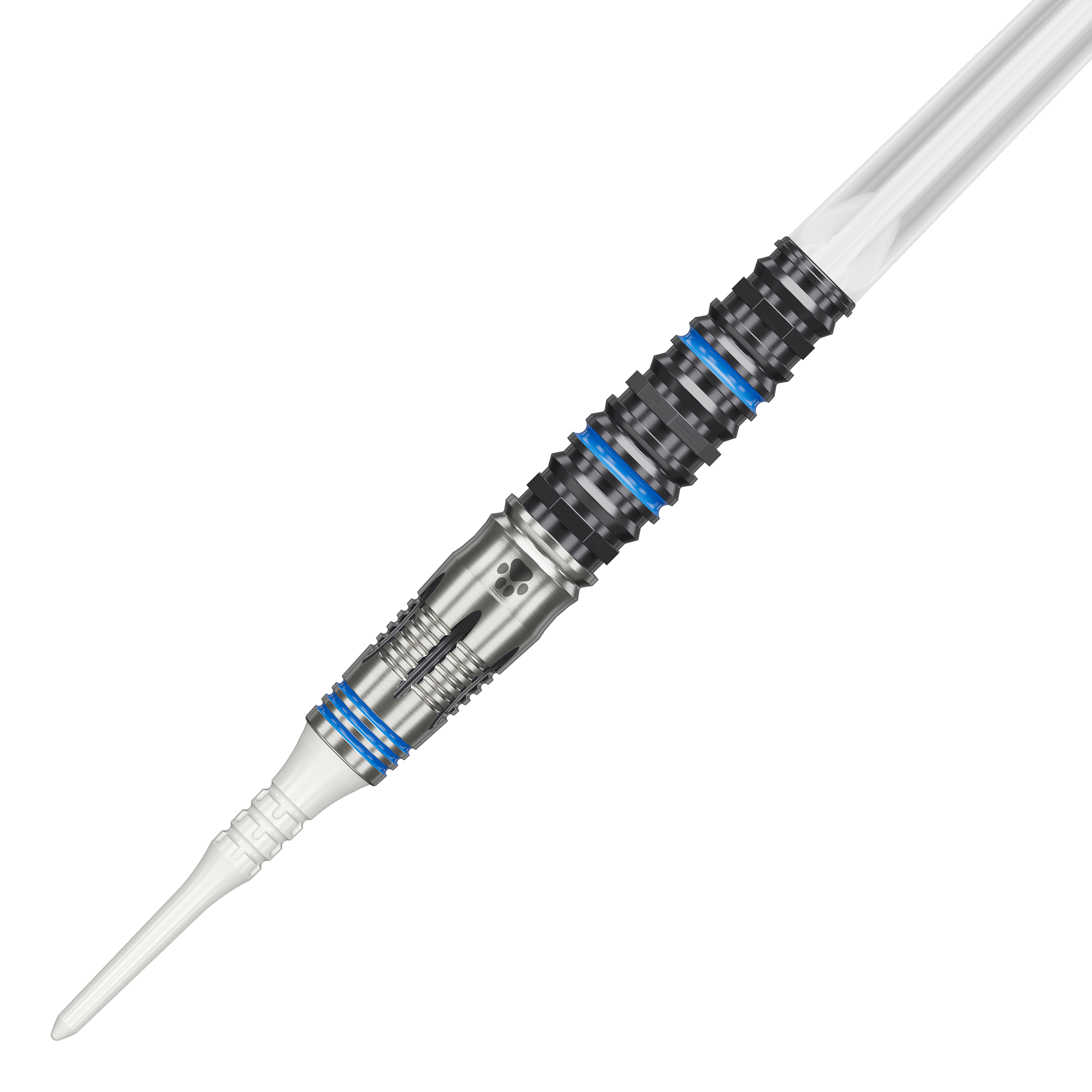 Das Bild zeigt einen Softdart der Marke Target Japan, Modell Airi Hirano Charm Kanon GEN4 mit einem Gewicht von 17,5g. Der Dartpfeil ist silberfarben mit schwarzen und blauen Akzenten gestaltet.