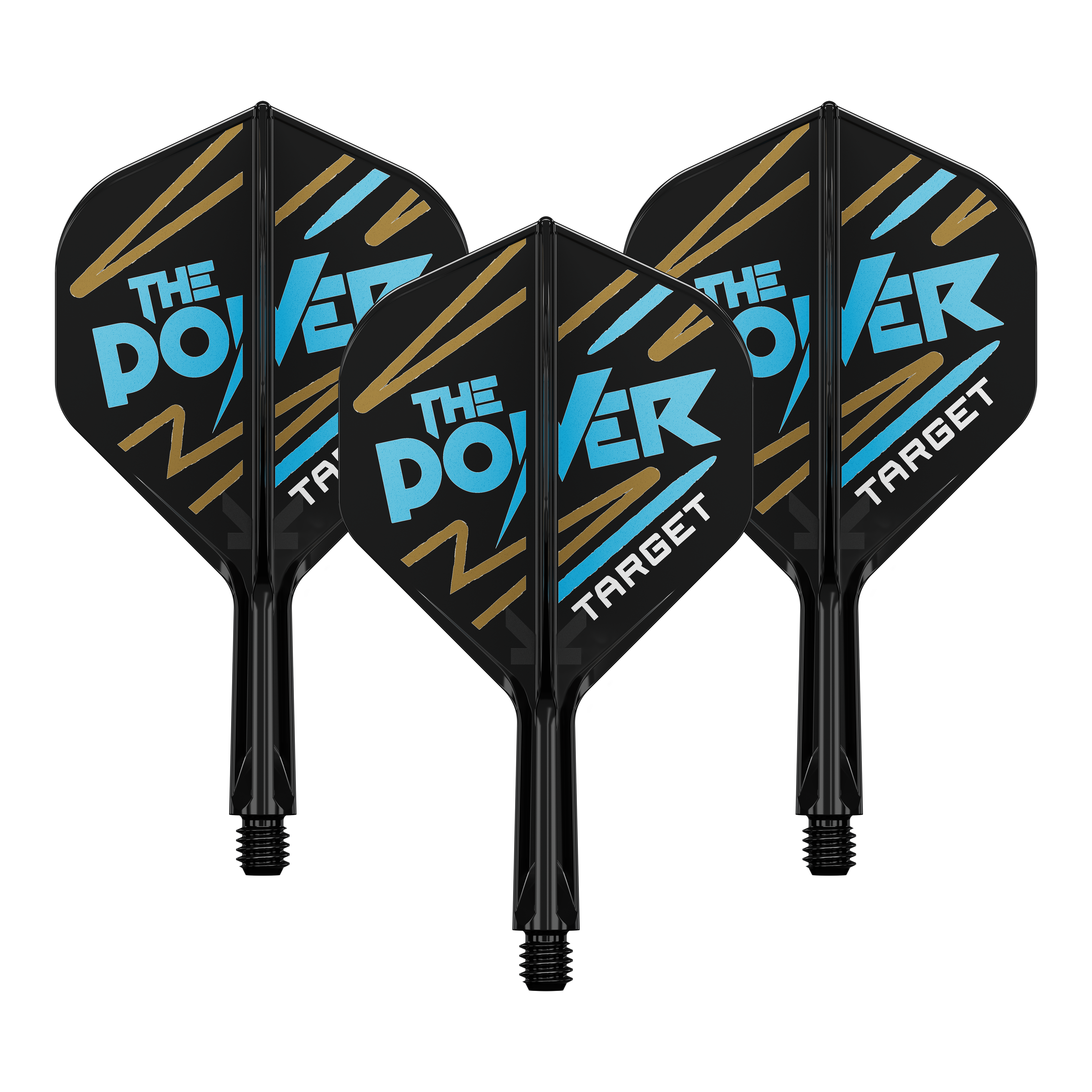 Target K-Flex Phil Taylor No2 Standard Flight-Shaft-System Auf dem Bild sind drei Dartflights mit schwarzem Hintergrund zu sehen. Auf den Flights steht in blauer und weißer Schrift "THE POWER" und unten "TARGET".
