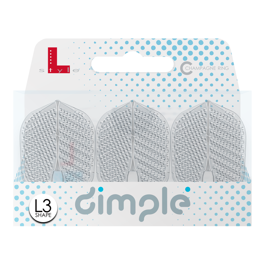 Das Bild zeigt eine Verpackung mit drei L-Style Flights Dimple im L3PRO Shape. Die Verpackung ist weiß mit blauen Punkten und trägt den Schriftzug "dimple".