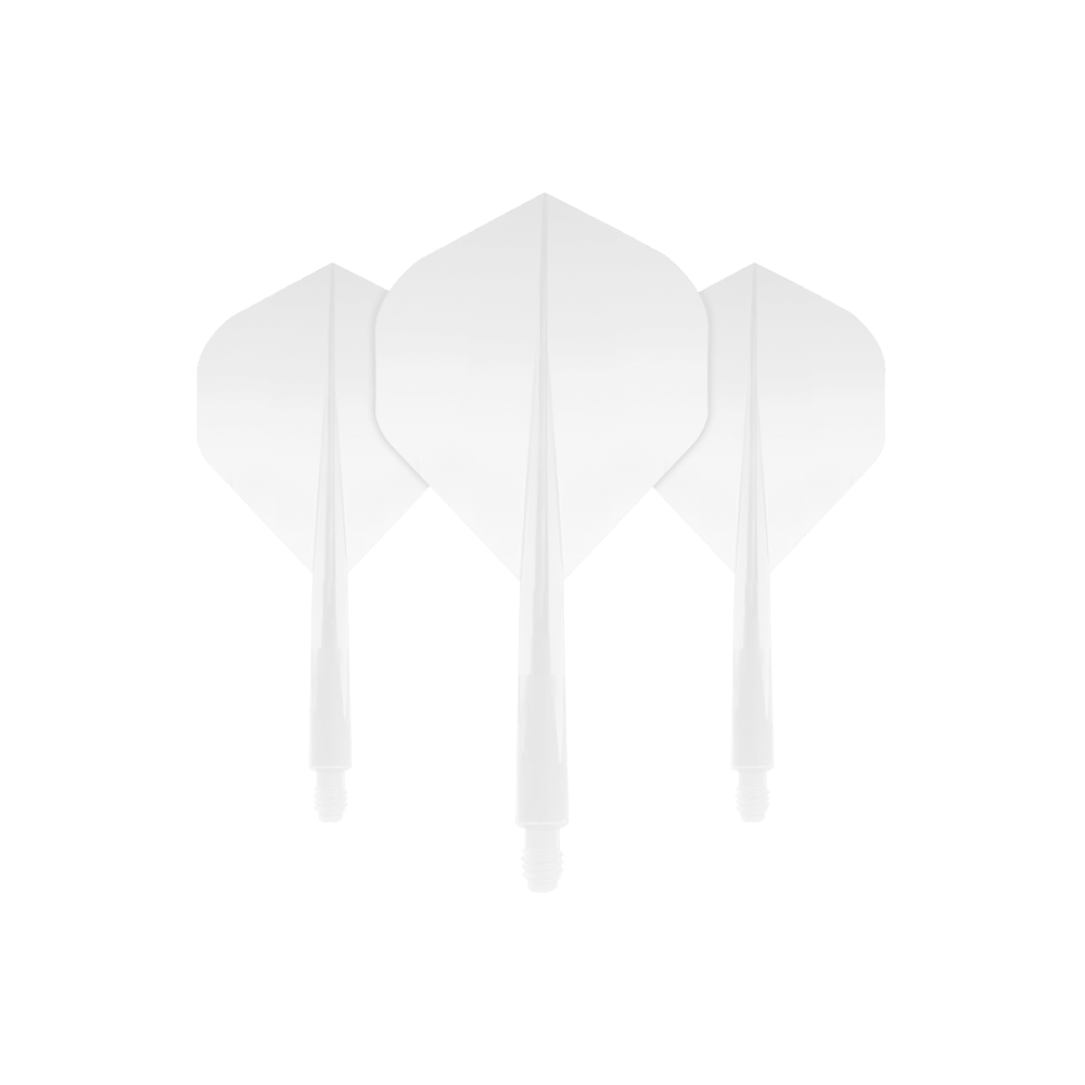 Das Bild zeigt drei weiße Dartflights mit angesetzten Schäften aus der Condor Axe Clear Flight-System Standard Serie. Sie sind in einer klaren, schlichten Optik gestaltet und nebeneinander angeordnet.