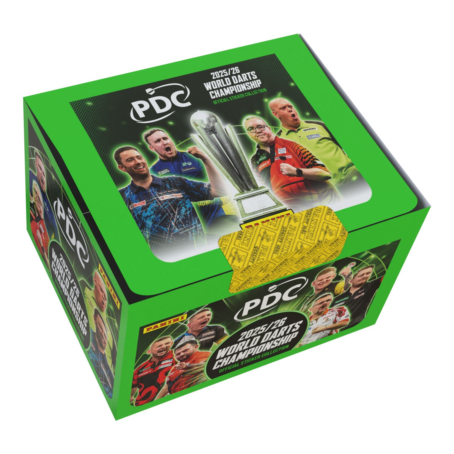 Panini PDC World Darts Championship 2025/26 - Stickerbox mit 65 Tüten Zu sehen ist die Panini PDC World Darts Championship 2025/26 Stickerbox mit 65 Tüten. Die Stickerbox enthält viele Tüten zum Tauschen und Kleben.