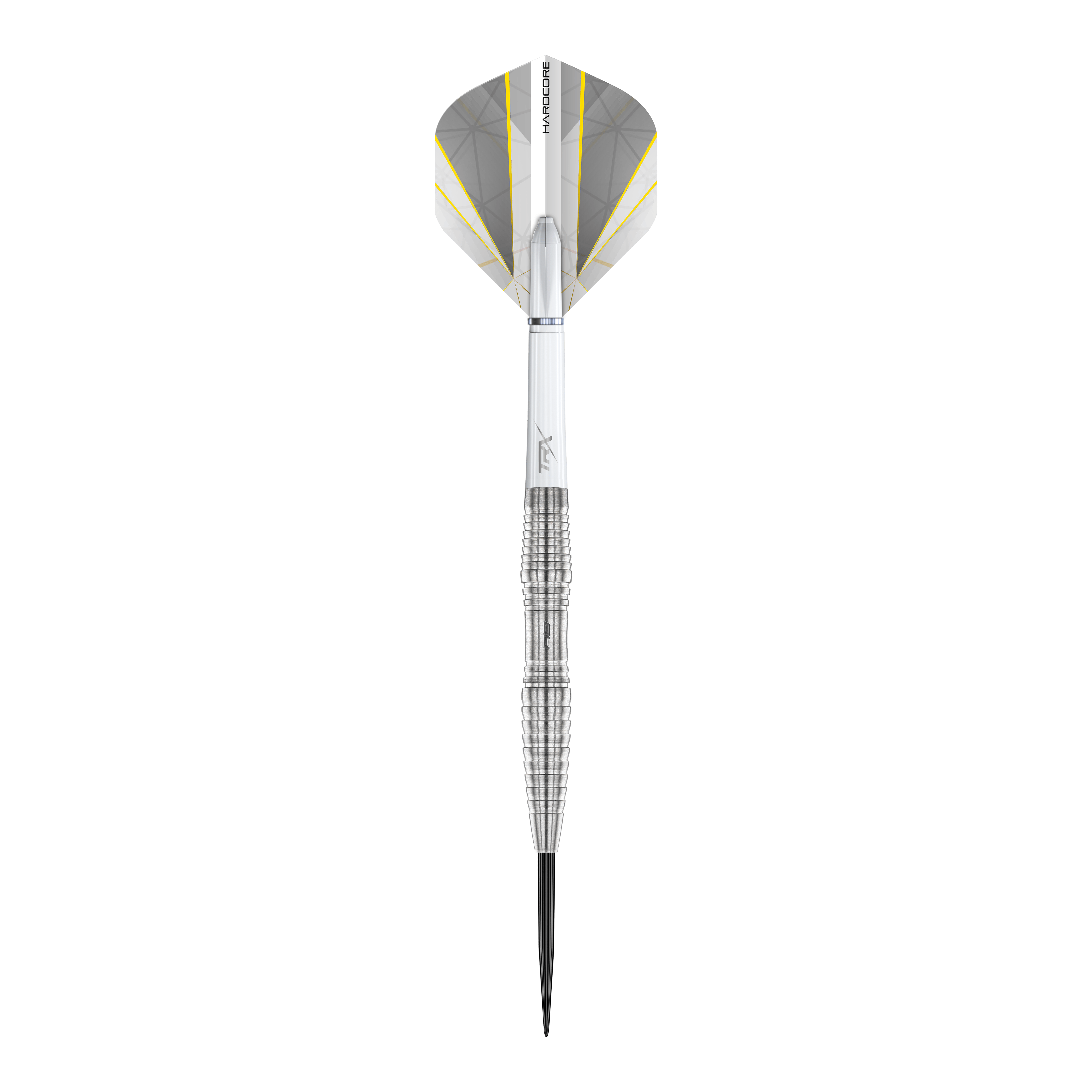 Red Dragon Seren 3 Pure Steeldarts Das Bild zeigt einen Red Dragon Seren 3 Pure Steeldart. Der Dartpfeil ist silberfarben mit einem modernen, weißen Flight und gelben Akzenten.