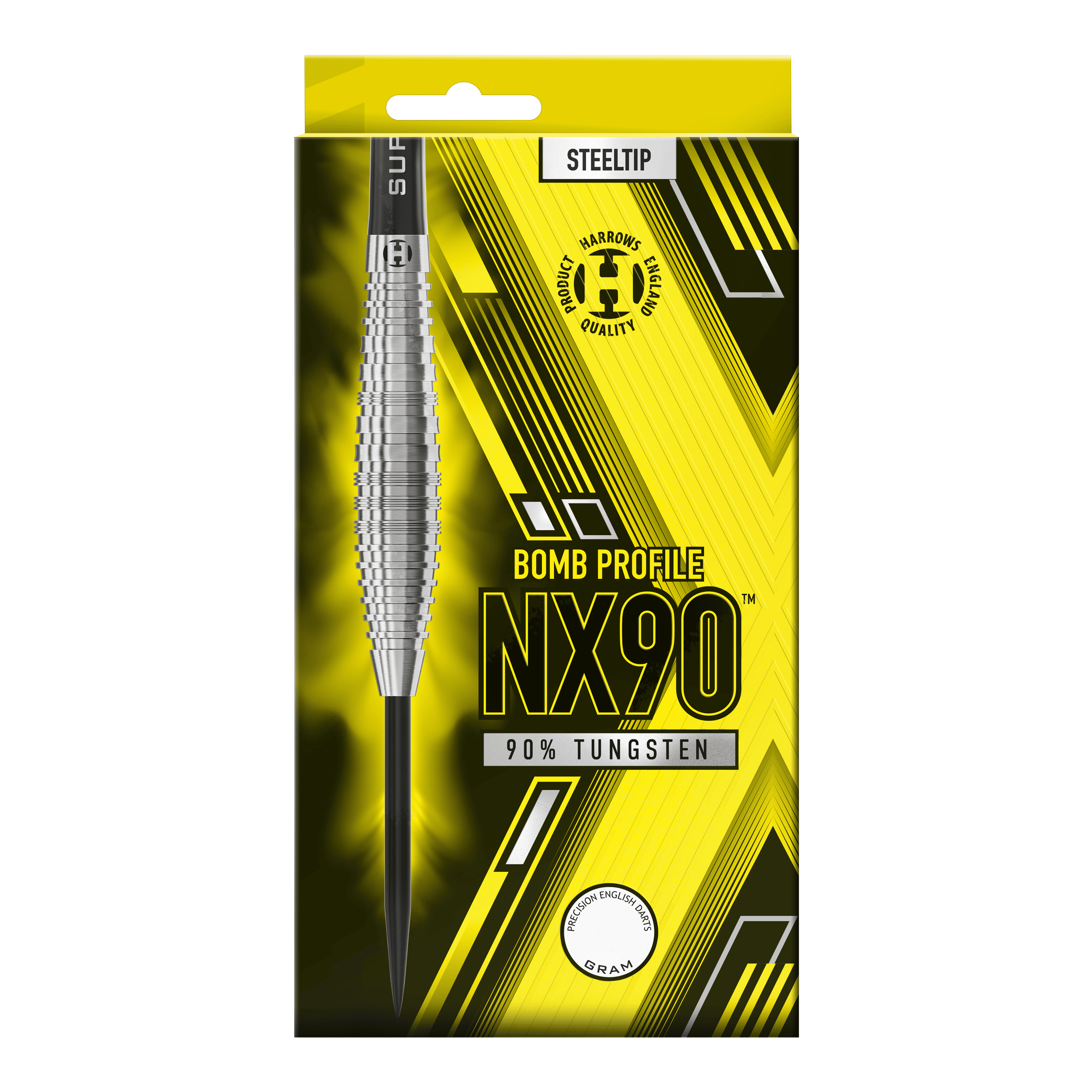 Auf dem Bild ist die Verpackung der "Harrows NX90 Bomb Steeldarts" zu sehen. Die Verpackung ist gelb-schwarz gestaltet und hebt hervor, dass die Darts zu 90% aus Tungsten bestehen.
