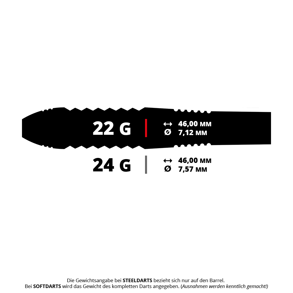 Bulls NL Caliber Black Steeldarts Das Bild zeigt die Spezifikationen von Steeldarts mit einem Gewicht von 22 Gramm und 24 Gramm. Die Länge beträgt jeweils 46,00 mm, der Durchmesser beträgt 7,12 mm bei 22 Gramm und 7,57 mm bei 24 Gramm.