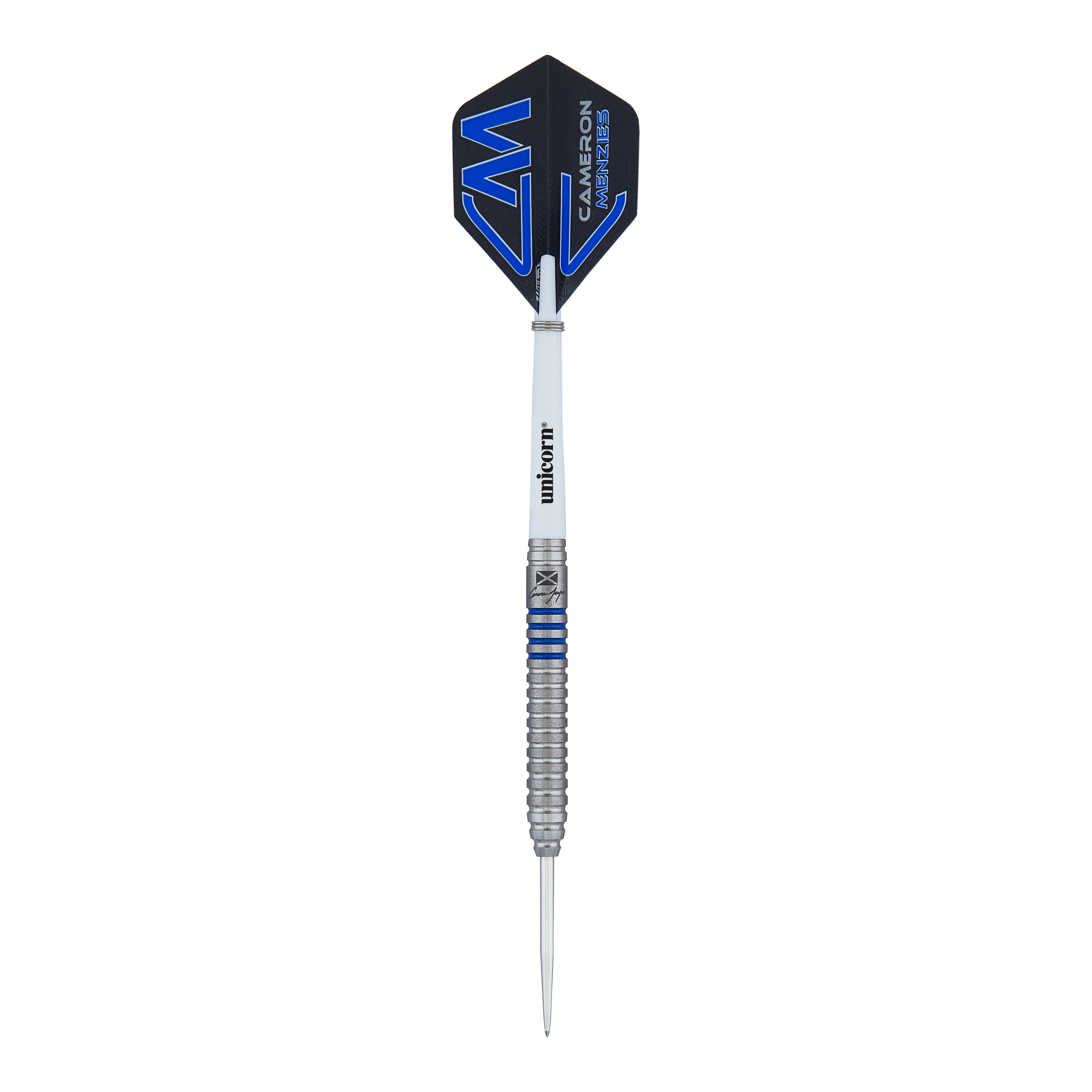 Unicorn Contender Camerion Menzies Steeldarts - 23g Das Bild zeigt einen Unicorn Contender Cameron Menzies Steeldart mit einem Gewicht von 23 Gramm. Der Dart hat ein silbernes Barrel mit blauen Akzenten und einem schwarzen Flights mit blauem Design.