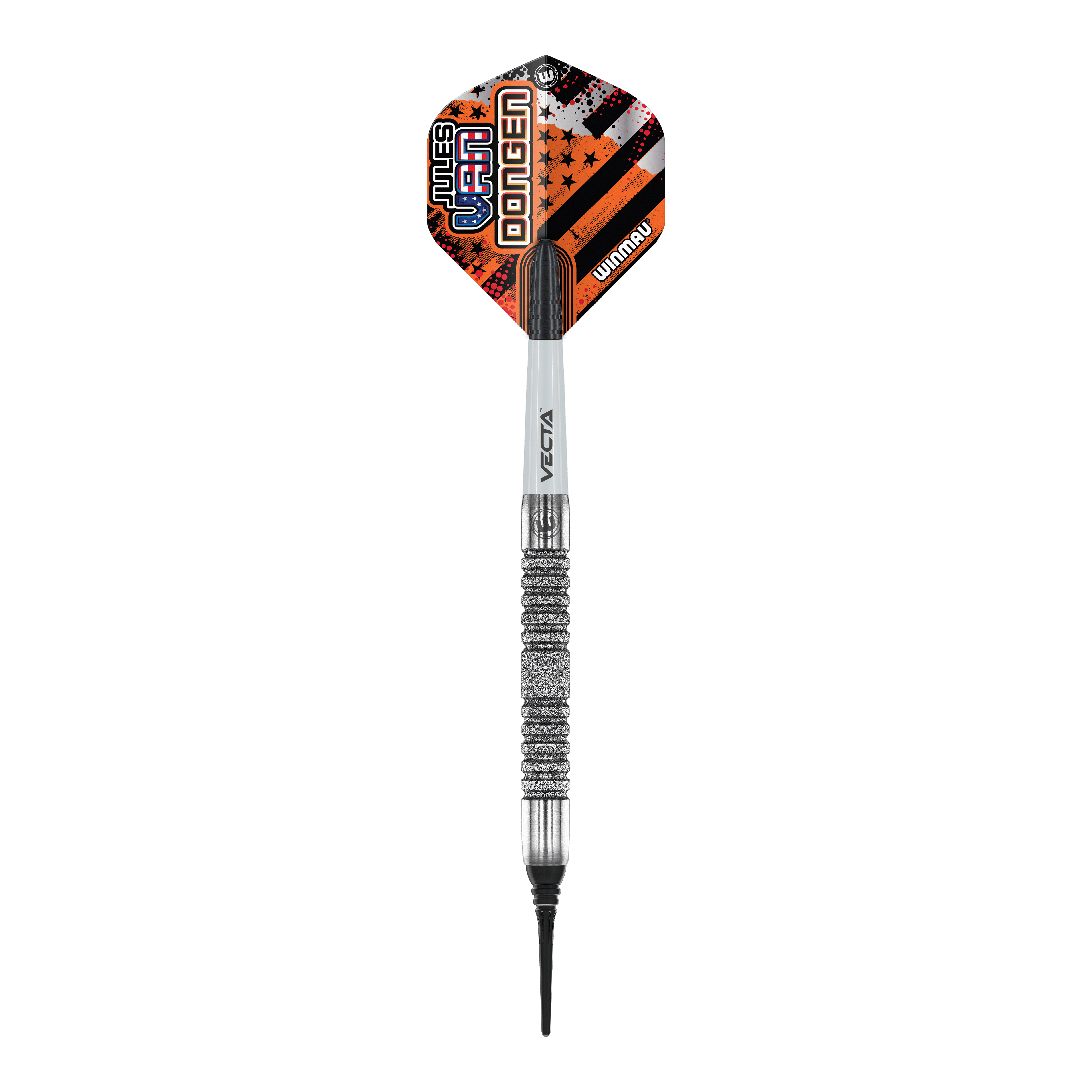 Das Bild zeigt einen Winmau Jules Van Dongen Softdart mit einem Gewicht von 20 Gramm. Der Dartpfeil hat ein auffälliges Flight-Design in Orange, Schwarz und Weiß mit dem Namen des Spielers darauf.
