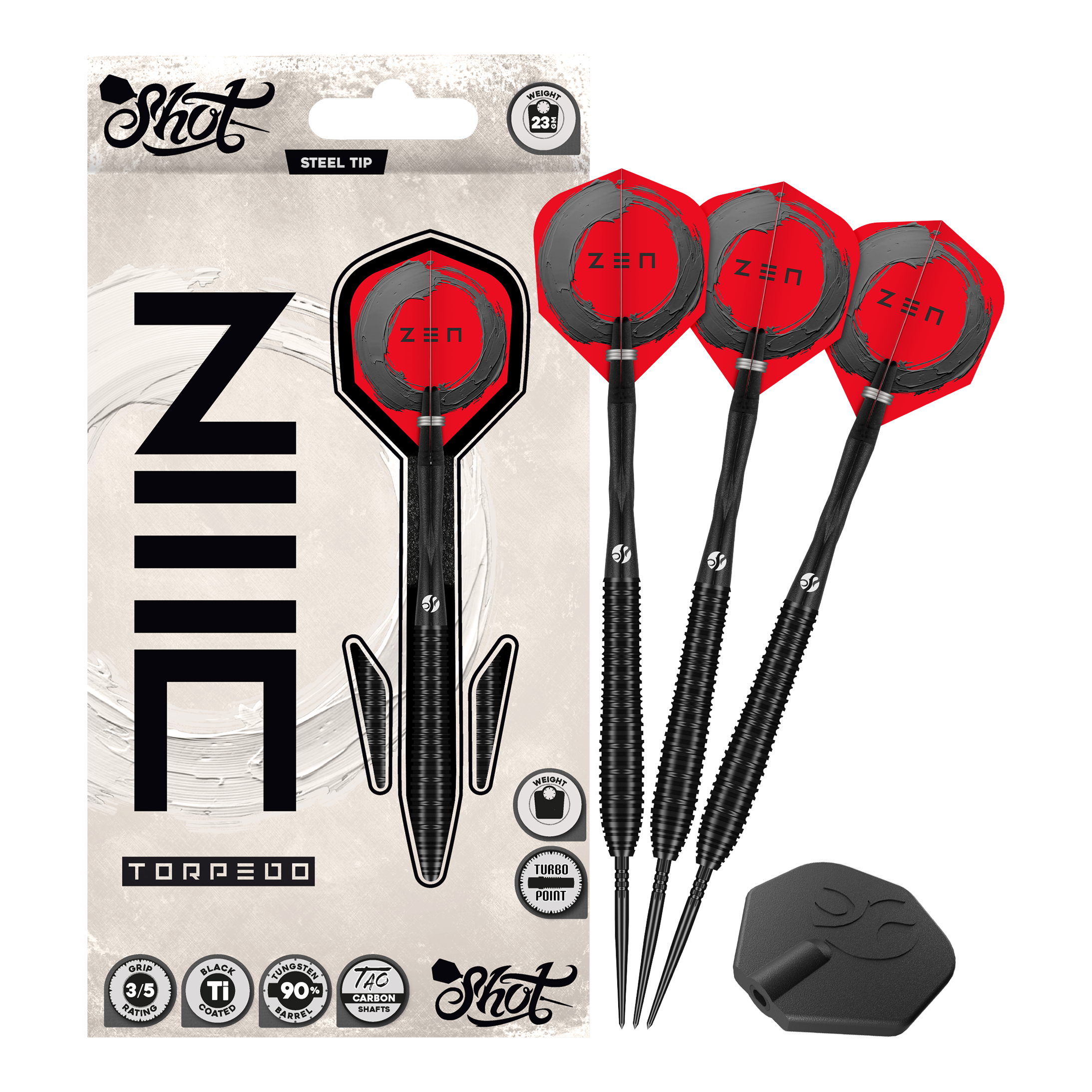 Shot ZEN Torpedo Turbo Point Steeldarts - 23g Auf diesem Bild sieht man die Shot ZEN Torpedo Turbo Point Steeldarts mit 23g komplett. Das Design betont ihre hochwertige Verarbeitung.