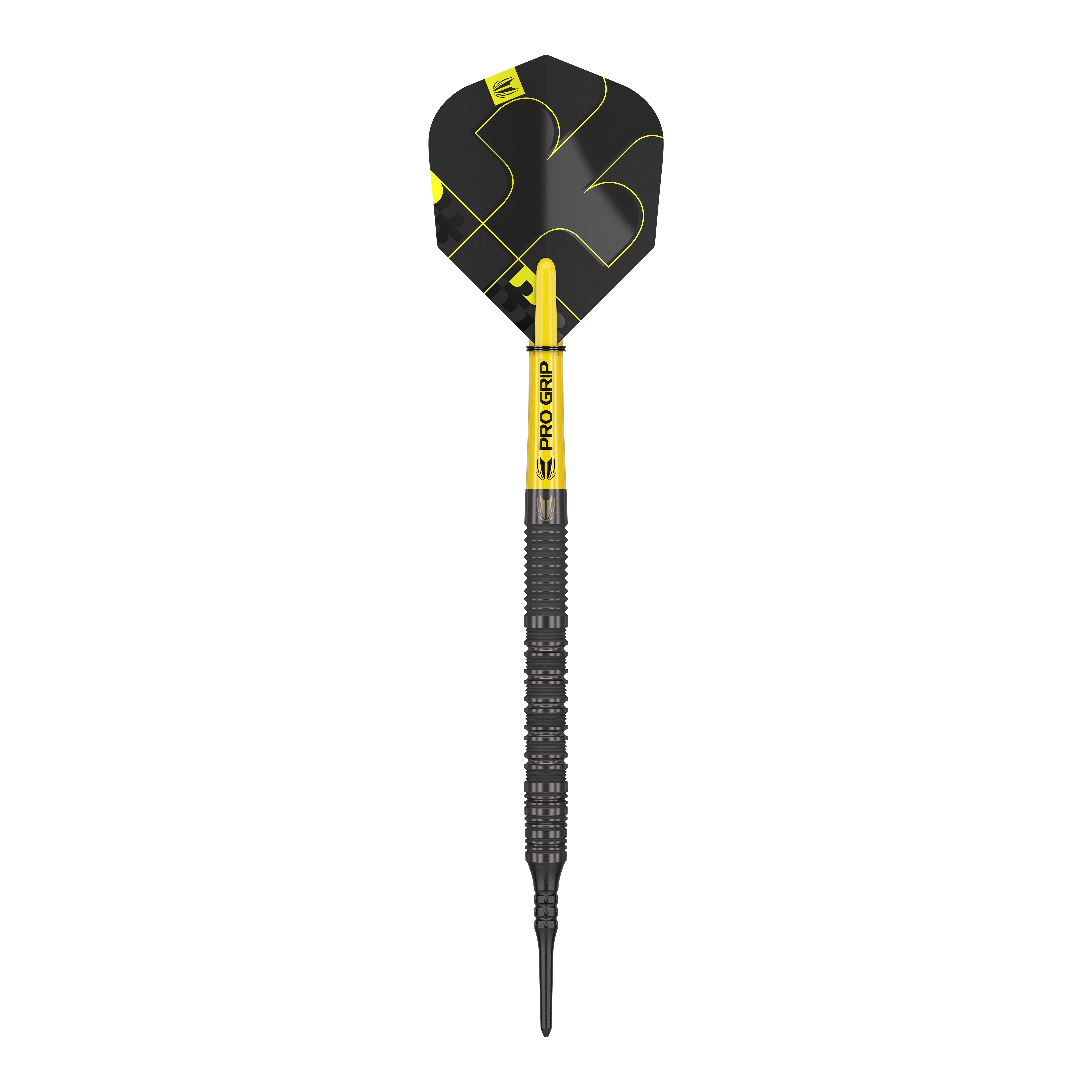 Das Bild zeigt einen Target Bolide Void 10 Softdartpfeil. Der Pfeil ist schwarz mit gelben Akzenten und hat einen Pro Grip Schaft.