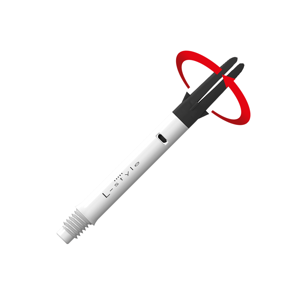 L-Style L-Shaft Carbon Silent Straight - Weiß 330 Dies ist ein weißer Carbon-Schaft für Dartpfeile der Marke L-Style. Der obere schwarze Teil kann sich drehen, wie durch den roten Pfeil angezeigt.