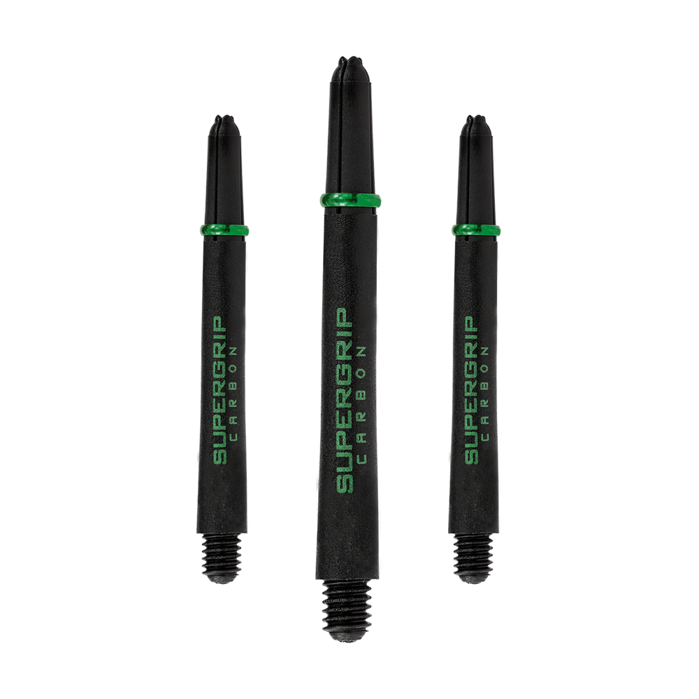 Das Bild zeigt drei Harrows Supergrip Carbon Shafts in der Farbe Grün. Sie sind schwarz mit grüner Aufschrift und einem grünen Ring.