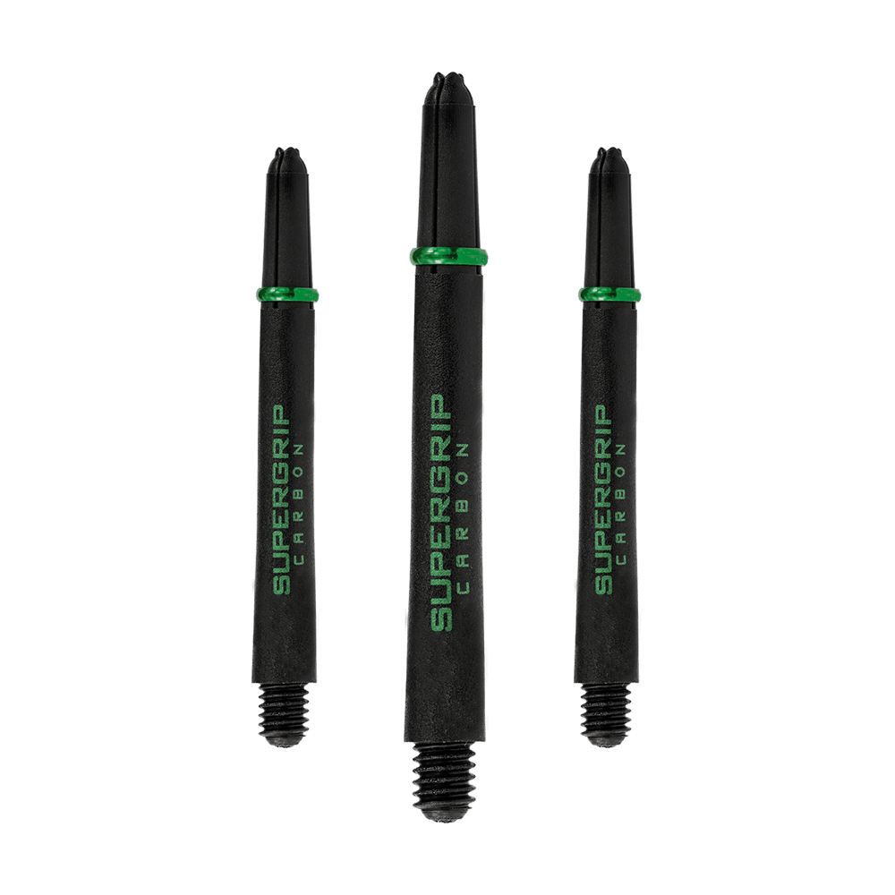 HR362_Harrows_Supergrip_Carbon_Shafts_Gr-n_47mm_1DWGGpB4uO16zS Das Bild zeigt drei Harrows Supergrip Carbon Shafts in der Farbe Grün. Sie sind schwarz mit grüner Aufschrift und einem grünen Ring.