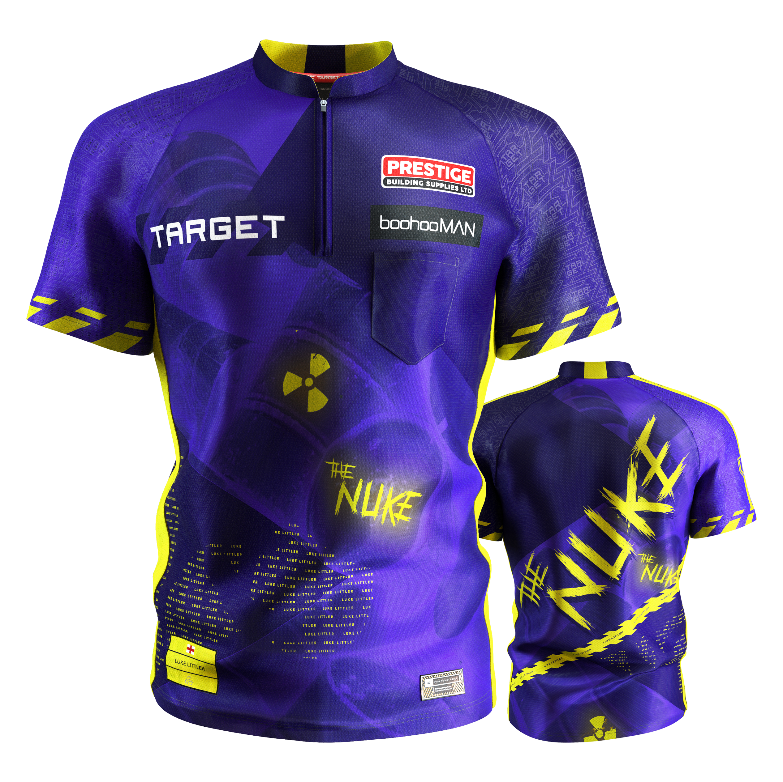 Target Coolplay Luke Littler 2025 Dartshirt Das Bild zeigt das Target Coolplay Luke Littler 2025 Dartshirt in Blau und Gelb mit auffälligem Design. Auf dem Shirt sind verschiedene Logos, der Schriftzug "THE NUKE" und mehrere Sponsoren zu sehen.