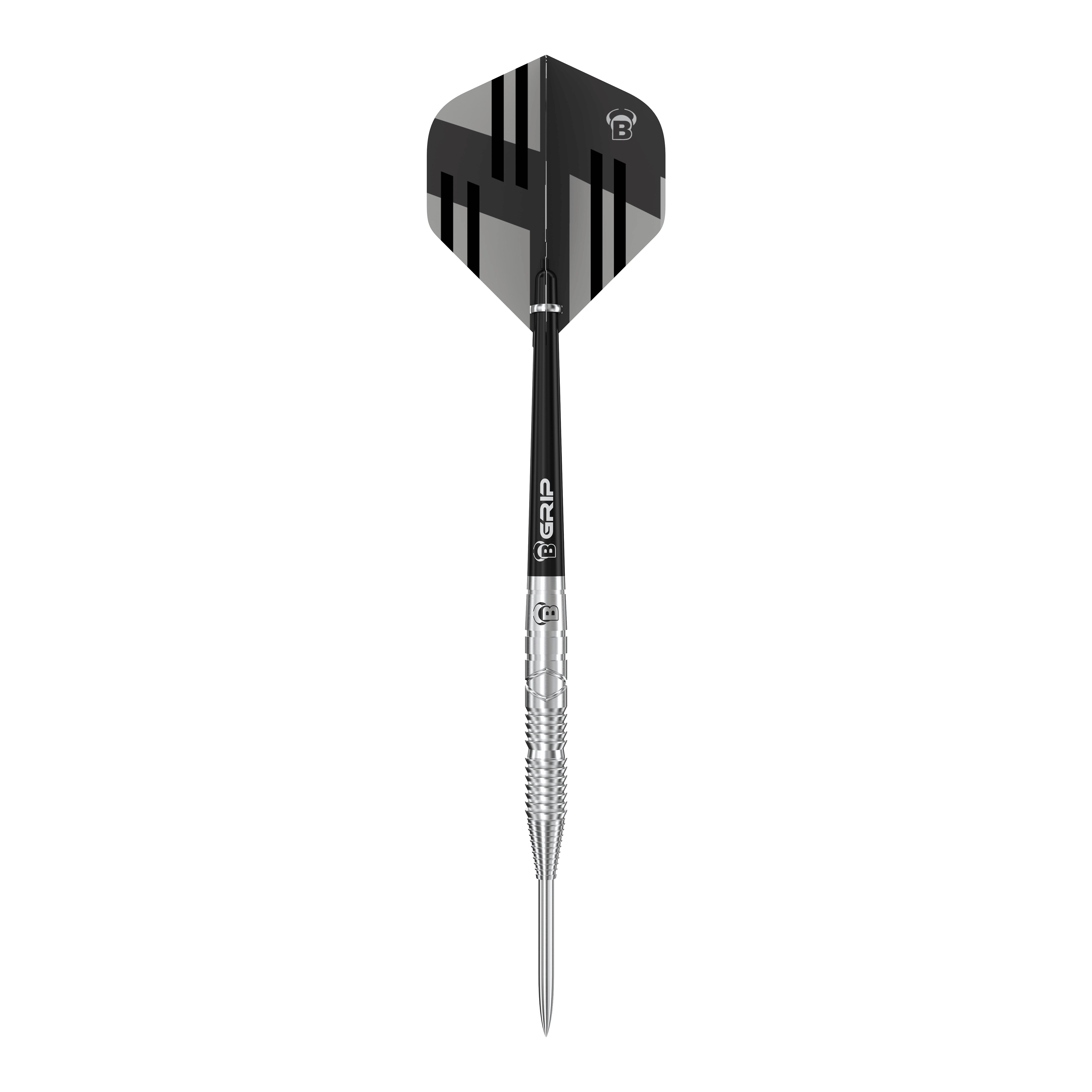 Bulls Tac T3 Steeldarts Das Bild zeigt einen Bulls Tac T3 Steeldart mit einem silbernen Barrel und schwarzer Flight. Das Design ist modern und sportlich mit klaren Linien auf dem Flight.