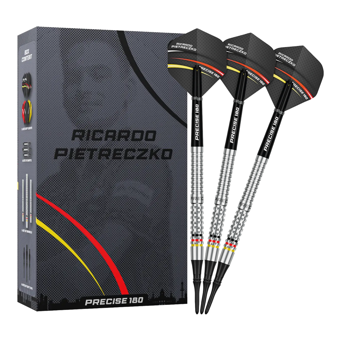 Gezeigt werden die Precise 180 Ricardo Pietreczko GEN1 Softdarts. Diese Softdarts zeichnen sich durch ihre Präzision aus.