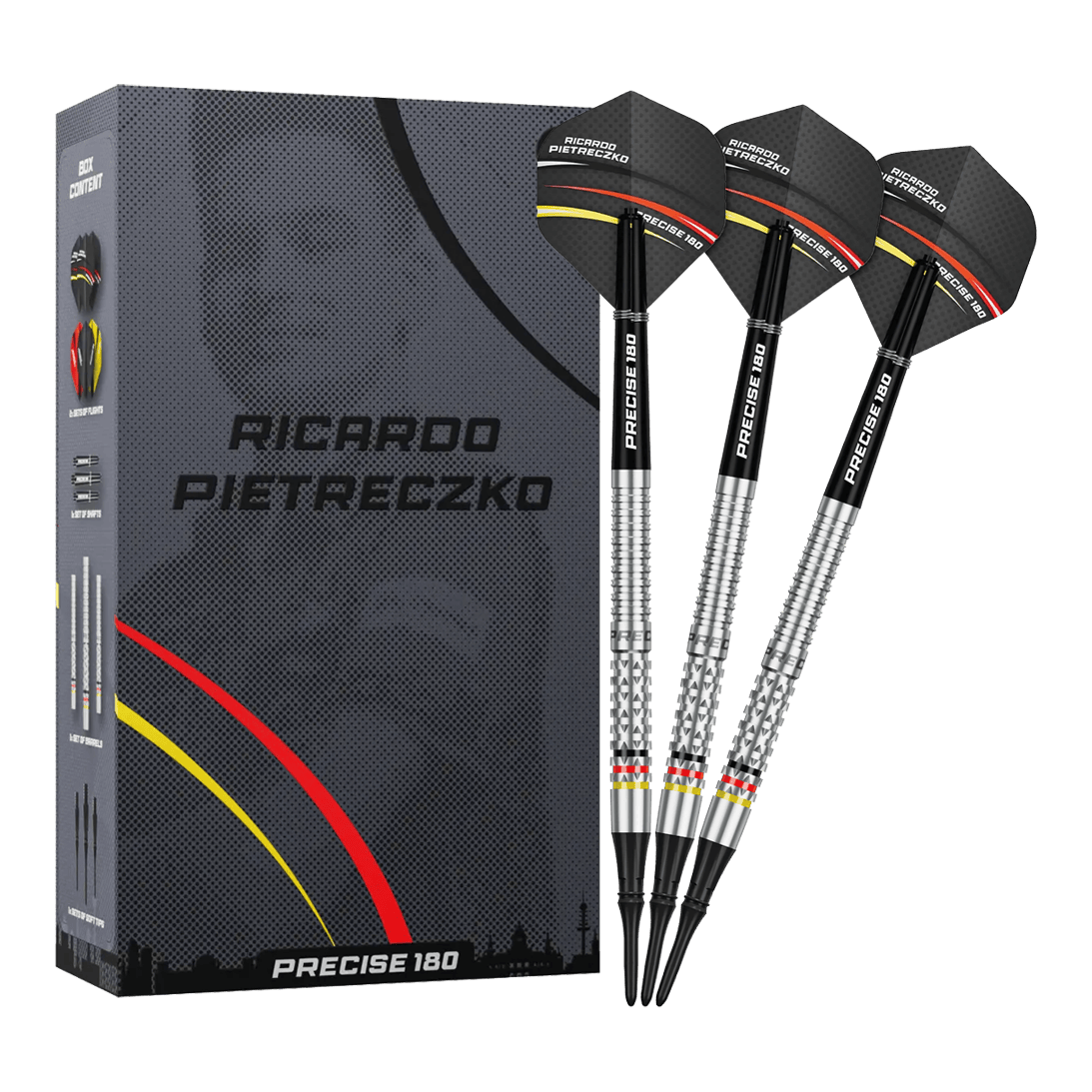 Precise 180 Ricardo Pietreczko GEN1 Softdarts Gezeigt werden die Precise 180 Ricardo Pietreczko GEN1 Softdarts. Diese Softdarts zeichnen sich durch ihre Präzision aus.
