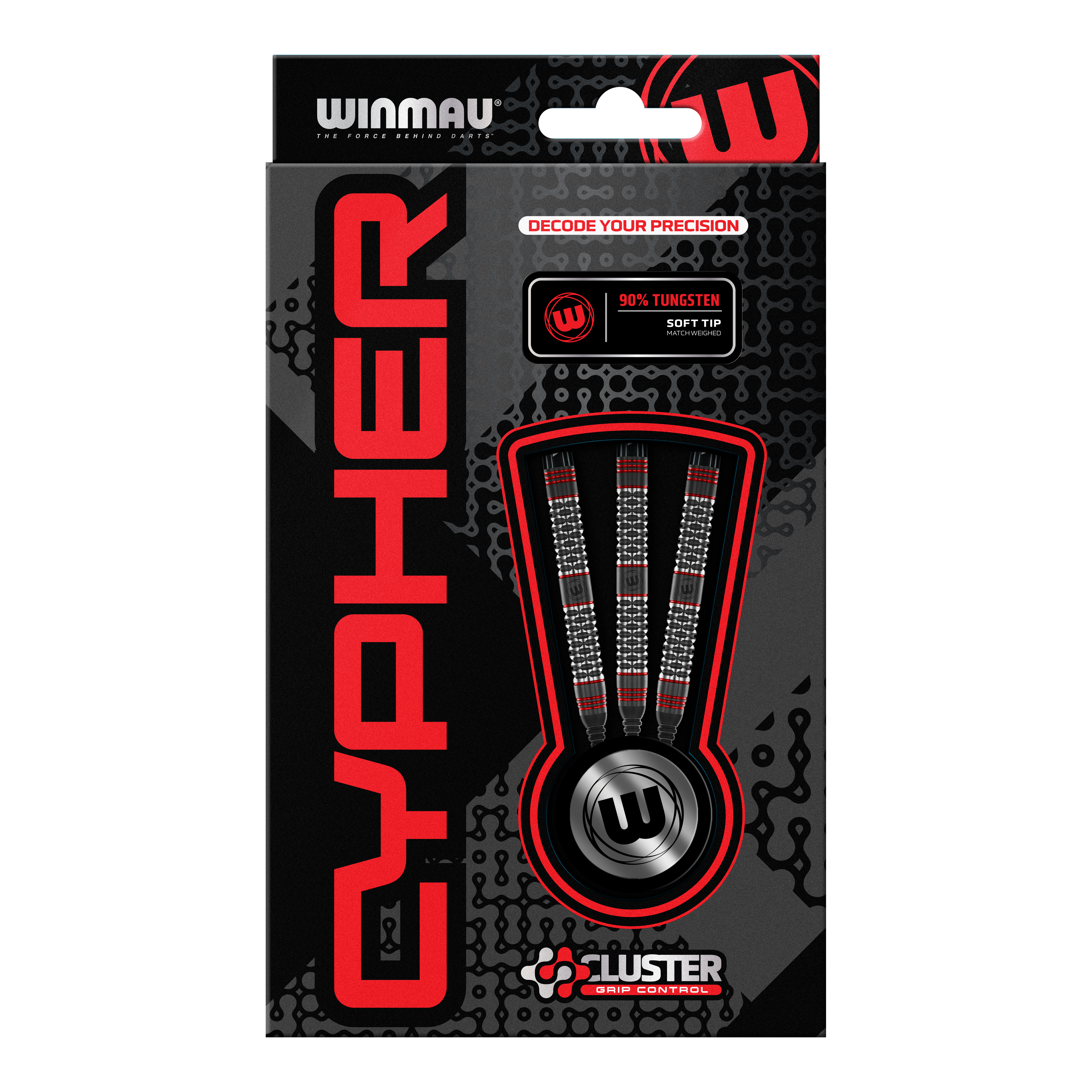 Winmau Cypher Softdarts - 20g Die Abbildung zeigt die Verpackung der Winmau Cypher Softdarts mit 20 Gramm Gewicht. Die Darts bestehen zu 90% aus Wolfram und verfügen über spezielle Griffkontrolle.
