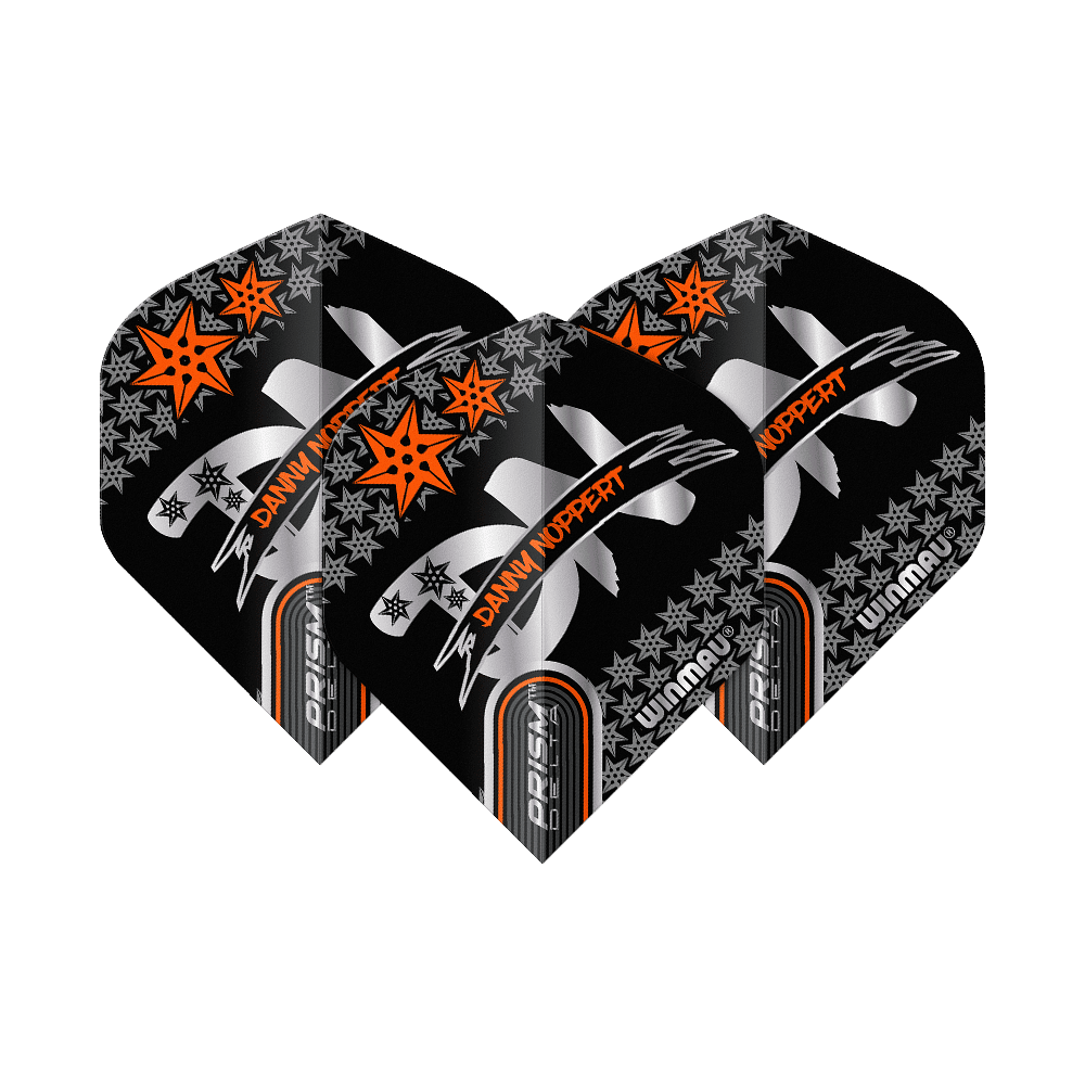 Das Bild zeigt drei schwarze Dartflights mit dem Aufdruck „Danny Noppert“ in Orange. Die Flights sind von der Marke Winmau und tragen das Modell „Prism Delta Signature No2 Standard“.