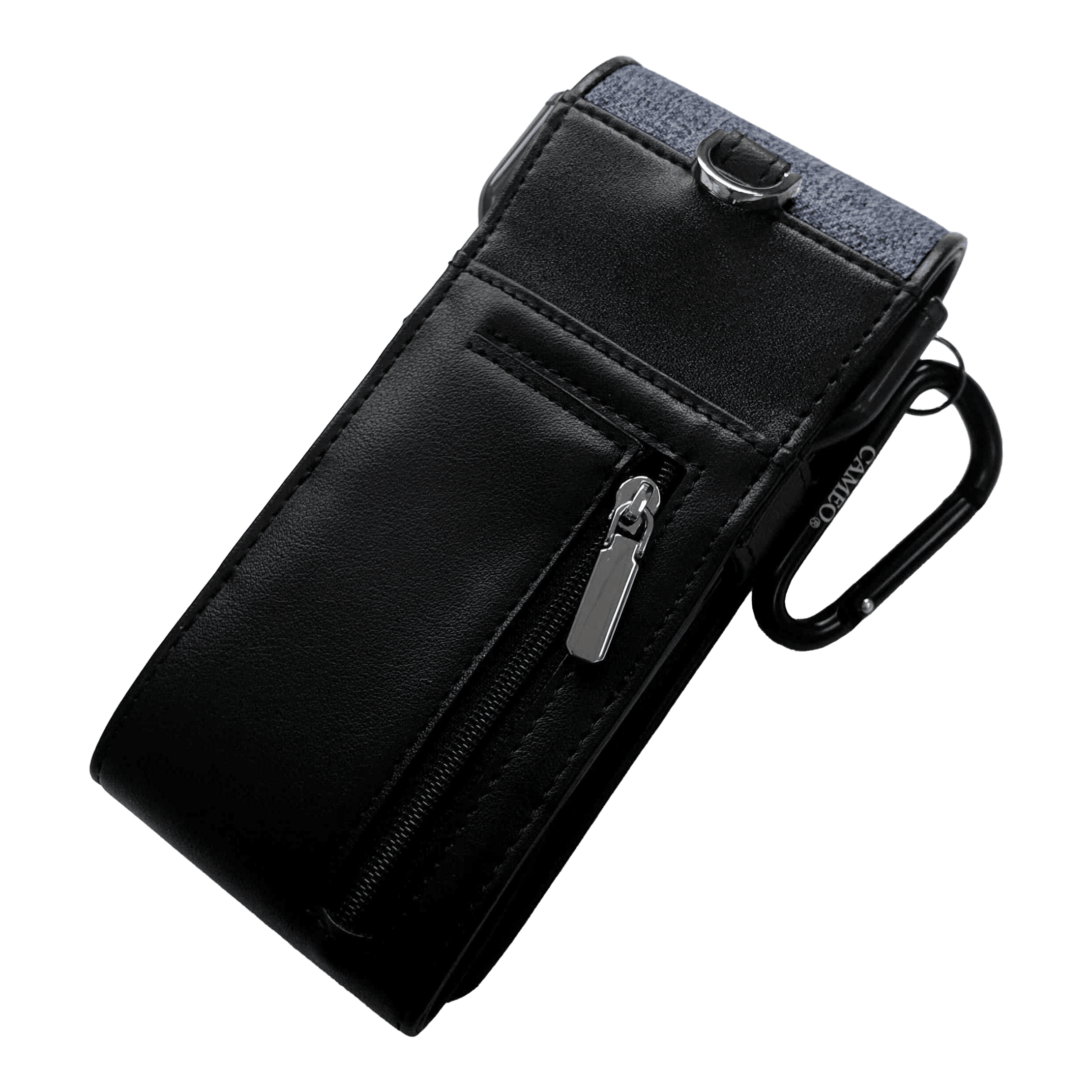 Dies ist ein schwarzes Etui mit einem Reißverschlussfach auf der Vorderseite. Oben hat es einen blauen Stoffabschnitt und einen Metallclip zur Befestigung.