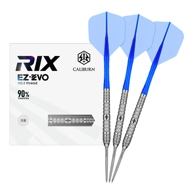 Caliburn Rix EZ-EVO R4 Steeldarts Das Foto zeigt die Caliburn Rix EZ-EVO R4 Steeldarts in voller Ansicht. Die Darts sind modern gestaltet und für professionelle Spieler geeignet.