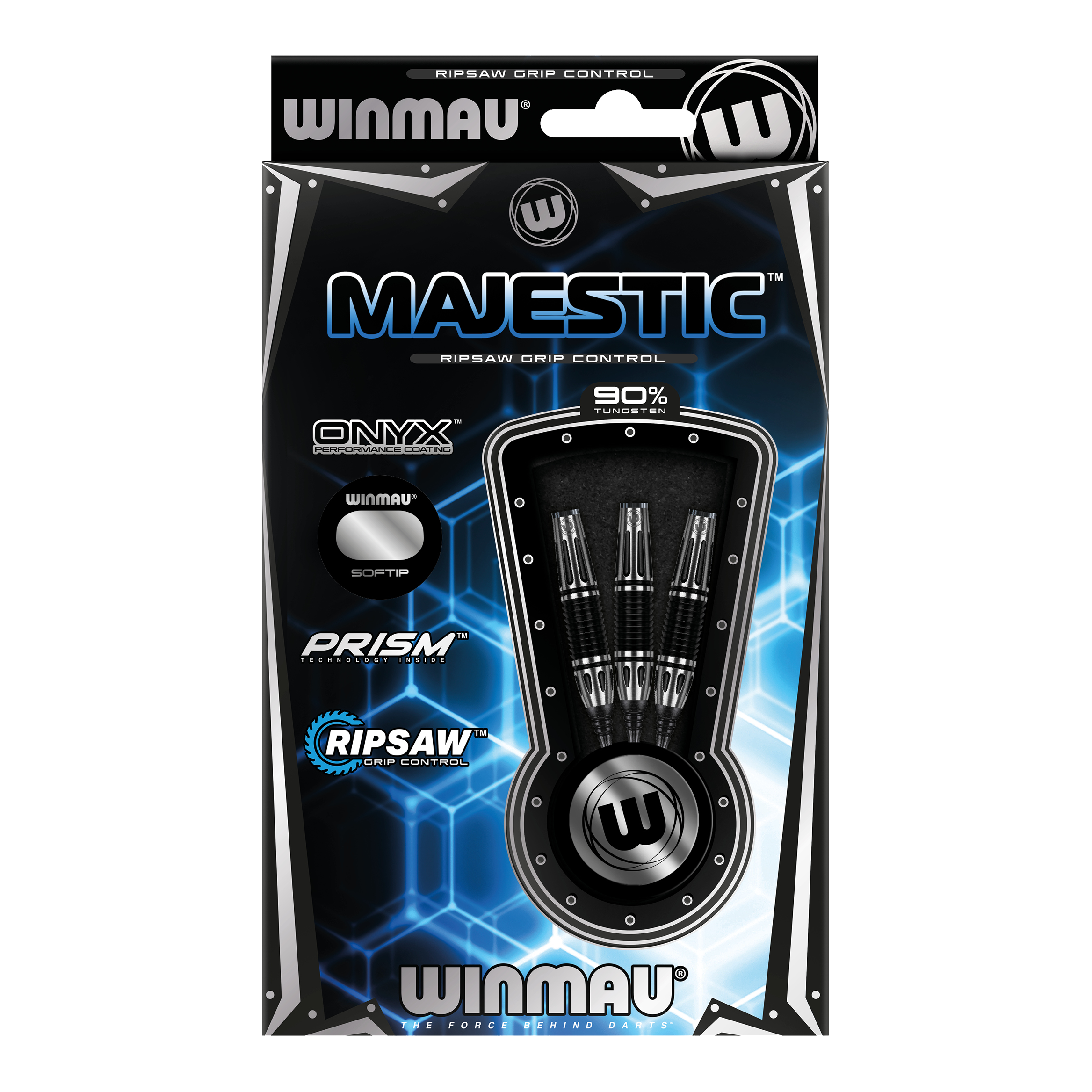Die Abbildung zeigt eine Verpackung der "Winmau Majestic Softdarts". Die Darts bestehen zu 90 % aus Tungsten und haben spezielle Griffzonen für bessere Kontrolle.