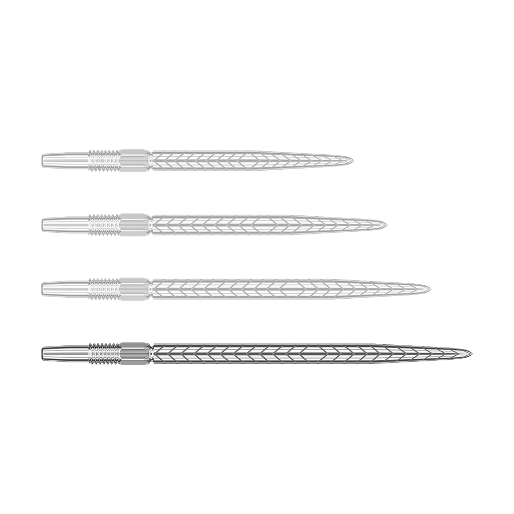 Target Swiss Point RVE Dartspitzen - Silber Das Bild zeigt vier silberne Dartspitzen mit eingraviertem Muster. Sie sind nebeneinander in einer horizontalen Reihe angeordnet.