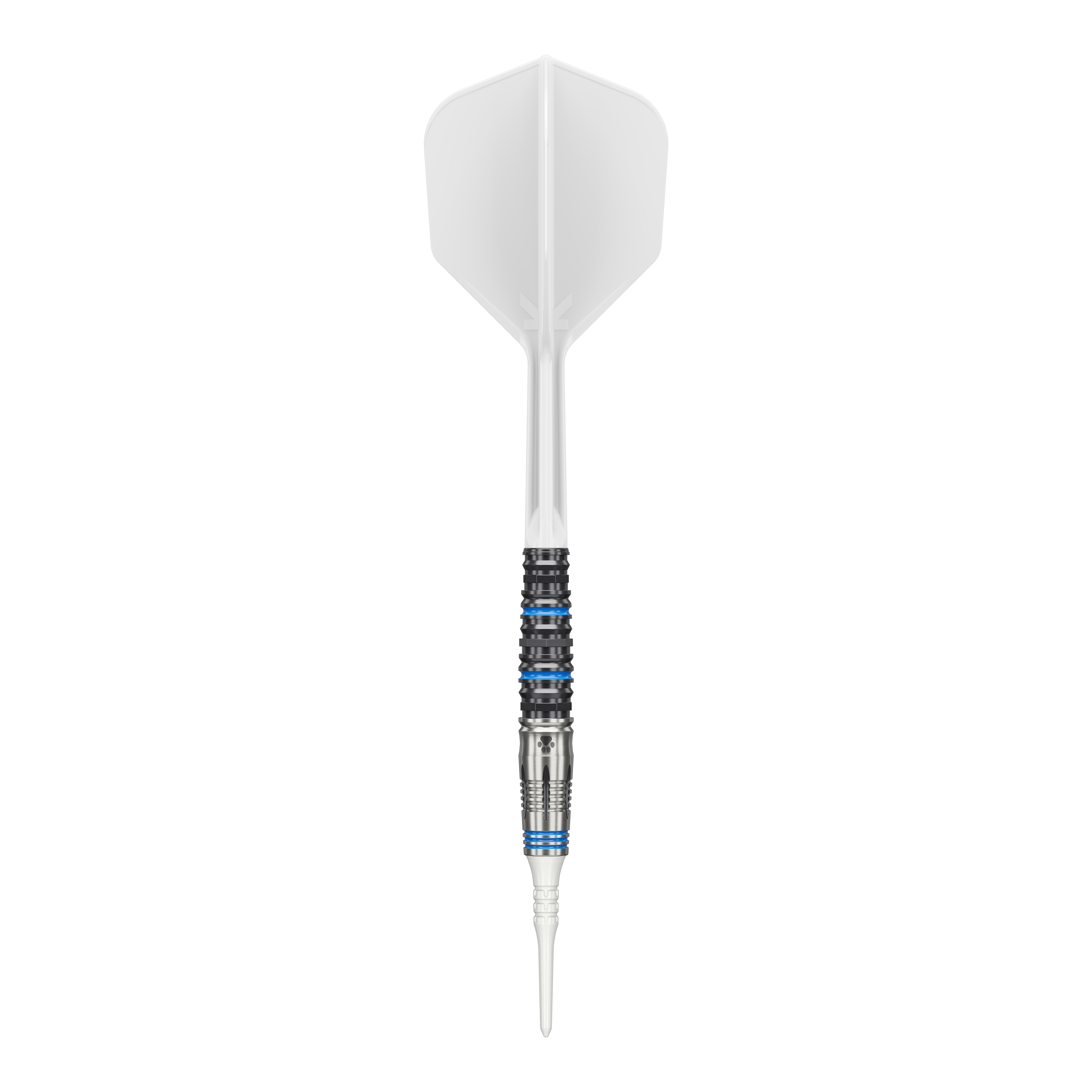 Das Bild zeigt einen Softdartpfeil mit einer weißen Flights und Spitze. Der Griffbereich ist silbern mit schwarzen und blauen Ringen verziert.
