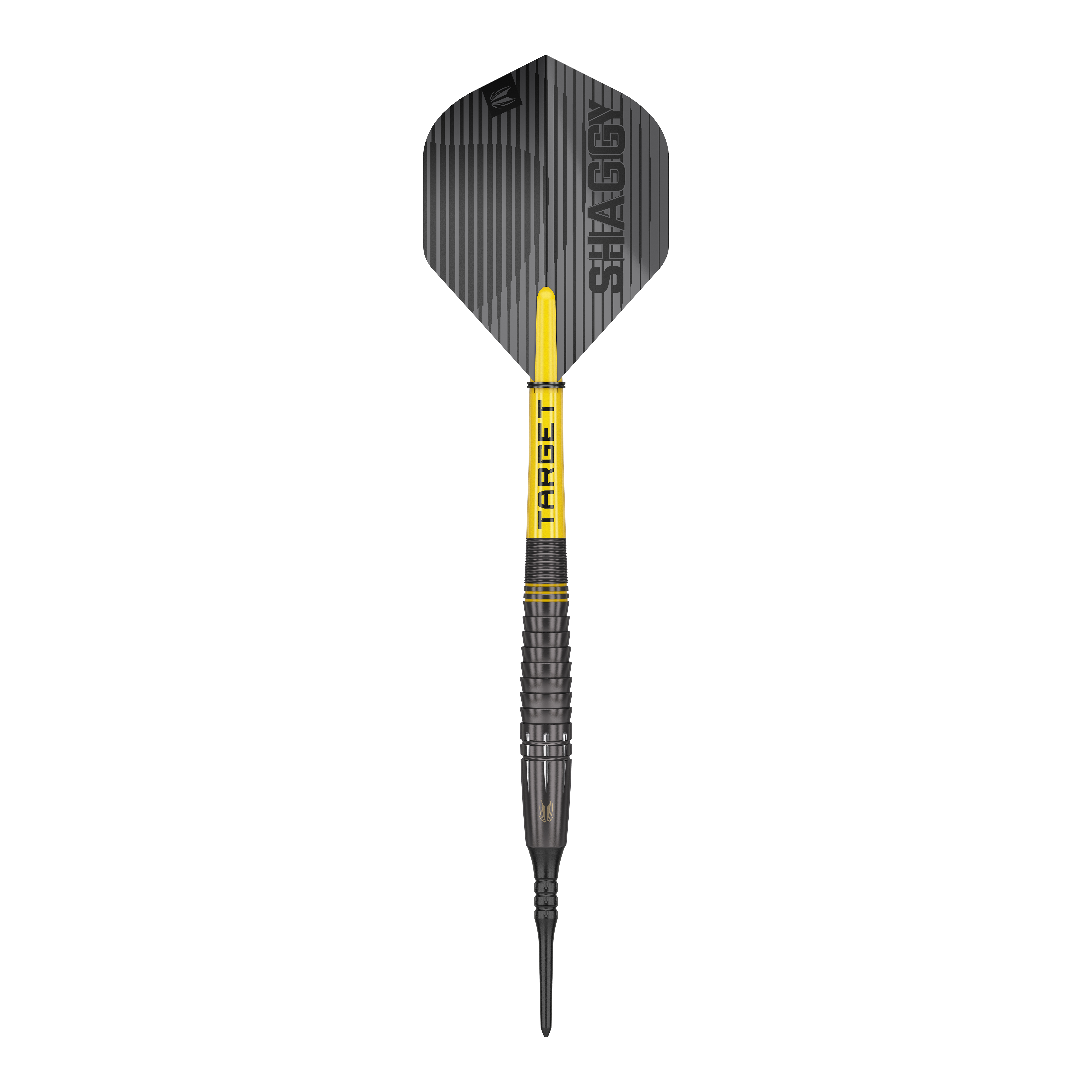 Target Scott Williams Shaggy Black Softdarts - 20g Dies ist ein Softdart namens "Target Scott Williams Shaggy Black Softdarts - 20g". Der Dart ist überwiegend schwarz mit gelben Akzenten und hat den Schriftzug "SHAGGY" auf der Flight.
