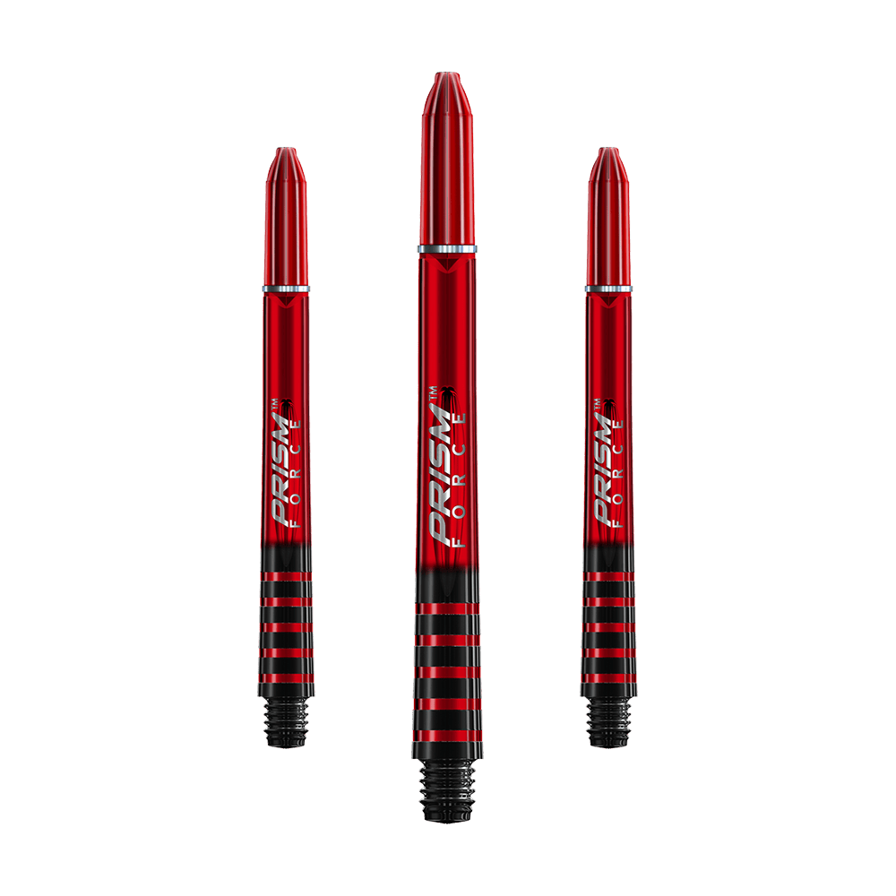 7020-204_Winmau_Prism_Force_Shafts_Rot_48mm_1 Das Bild zeigt drei rote Dartschäfte mit schwarzer Beschriftung und schwarzen Ringen. In der Mitte befindet sich ein Schaft, der etwas größer als die beiden seitlichen ist.