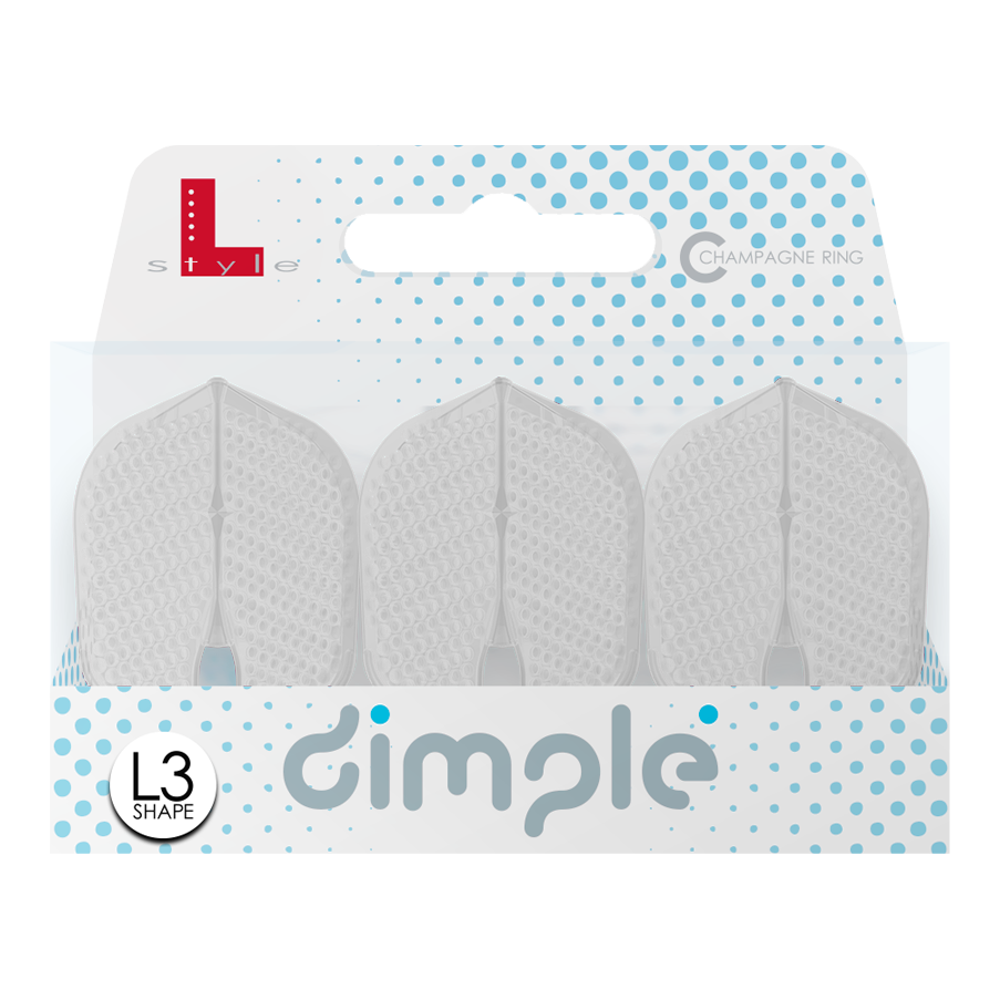 Das Bild zeigt eine Packung mit drei L-Style Flights Dimple Champagne L3PRO Shape. Die Verpackung ist weiß-blau und trägt den Schriftzug "dimple" sowie das L3 Shape-Logo.