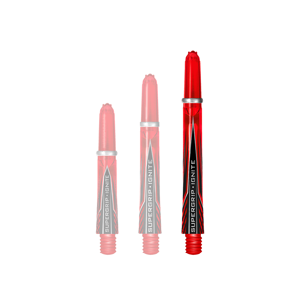 Das Bild zeigt drei rote Harrows Supergrip Ignite Shafts in unterschiedlichen Längen. Sie haben silberne Ringe und ein schwarzes Design mit der Aufschrift "SUPERGRIP IGNITE".