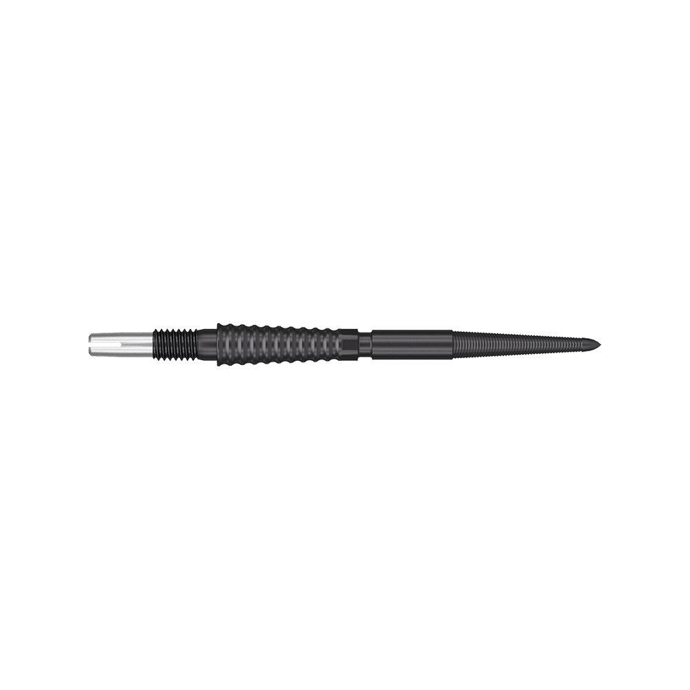 Target Swiss Storm LNC Dartspitzen - Schwarz Das Bild zeigt eine schwarze Dartspitze mit einer geriffelten Oberfläche. Sie ist schlank und etwa 30 mm lang.