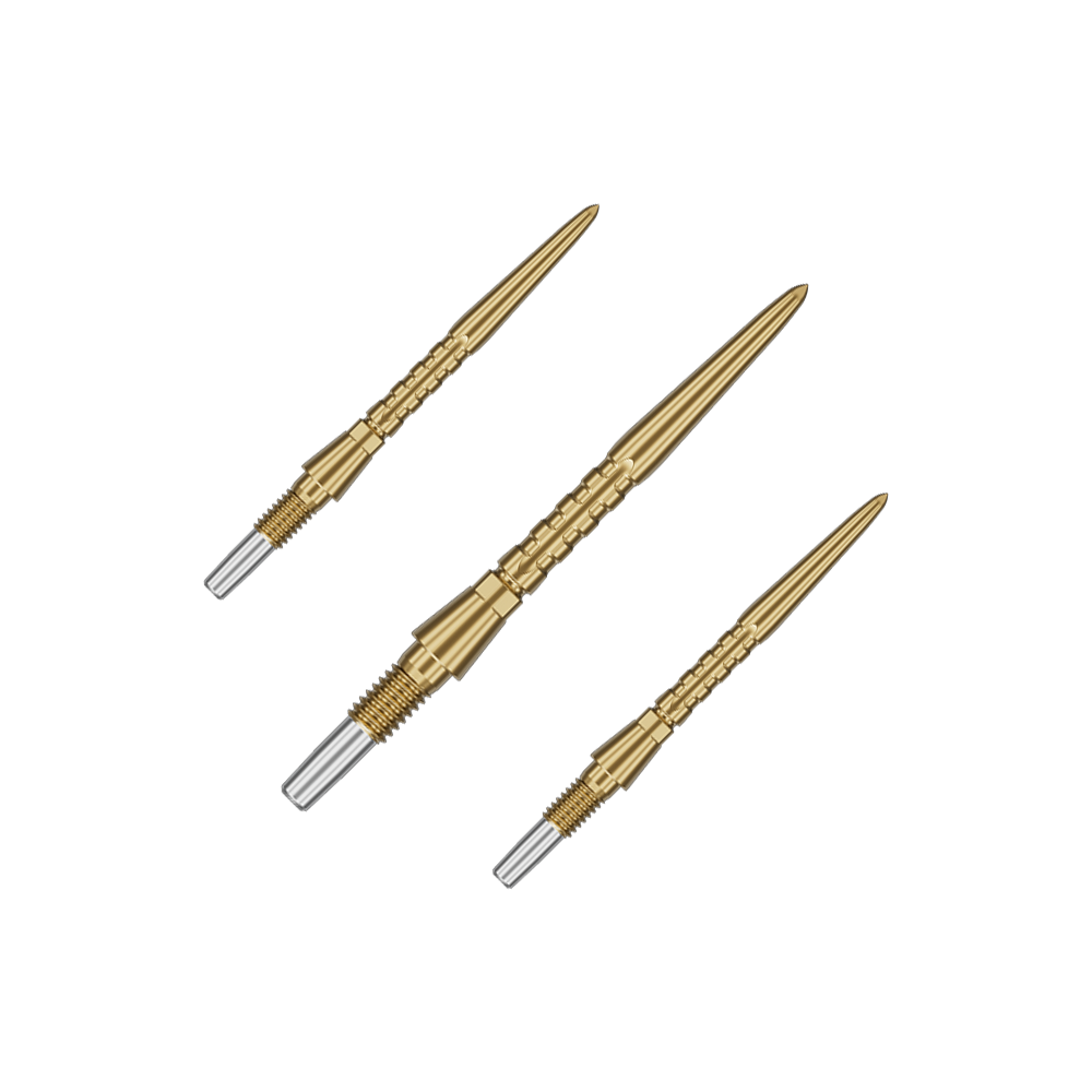 Target Swiss Point Storm Surge Steeldartspitzen - Gold Auf dem Bild sind drei goldene Steeldartspitzen zu sehen. Sie haben ein schlankes, geriffeltes Design mit einem silbernen Schraubgewinde am Ende.