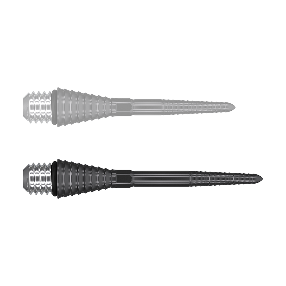 Das Bild zeigt zwei schwarze, gerillte Titaniumpunkte für Darts. Sie haben ein konisches, silbern-geriffeltes Gewinde an einem Ende und eine spitze, schmale Form am anderen Ende.